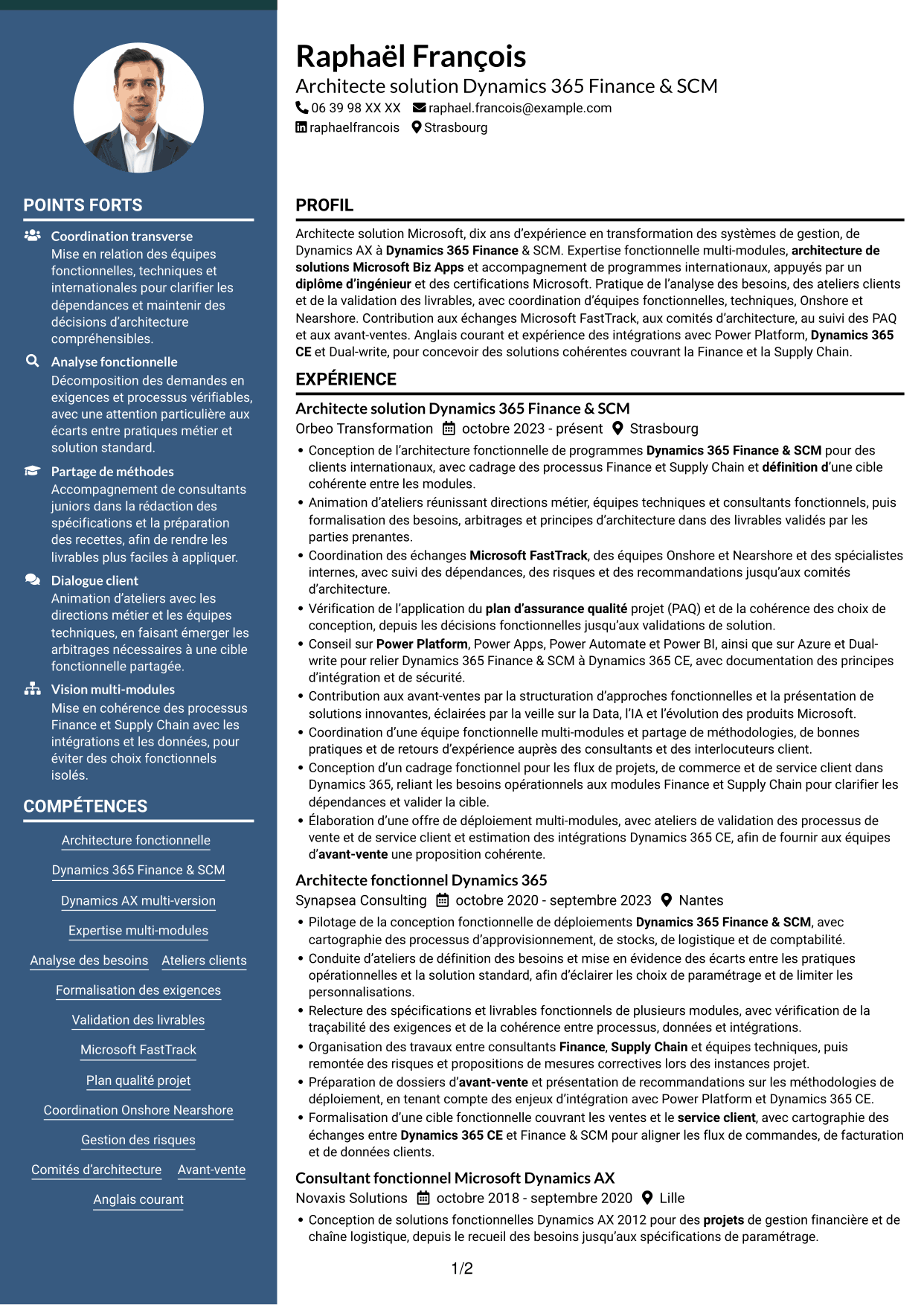 CV Élégant (format à colonne latérale colorée avec photo) : Architecte solution - Dynamics 365 Finance & SCM, page 1