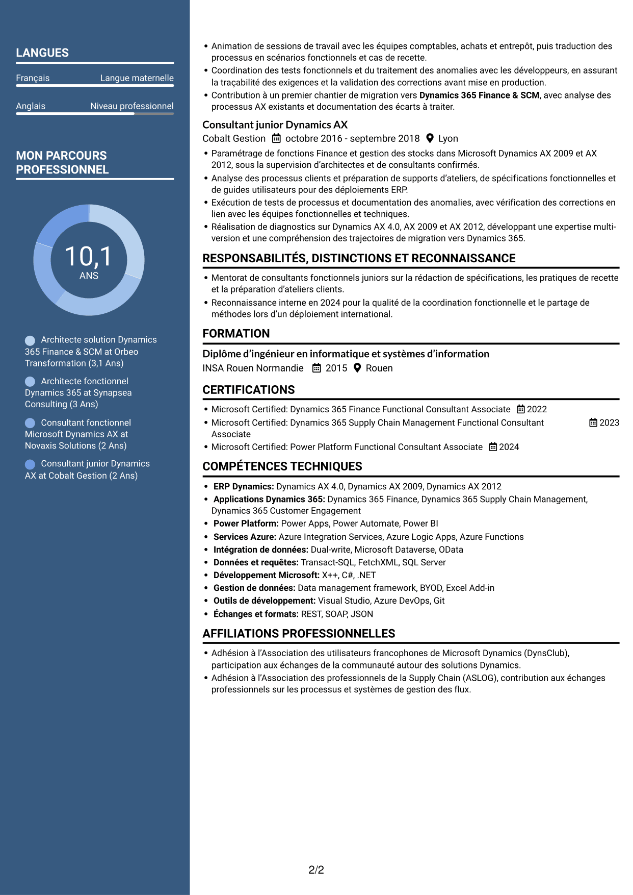 CV Élégant (format à colonne latérale colorée avec photo) : Architecte solution - Dynamics 365 Finance & SCM, page 2