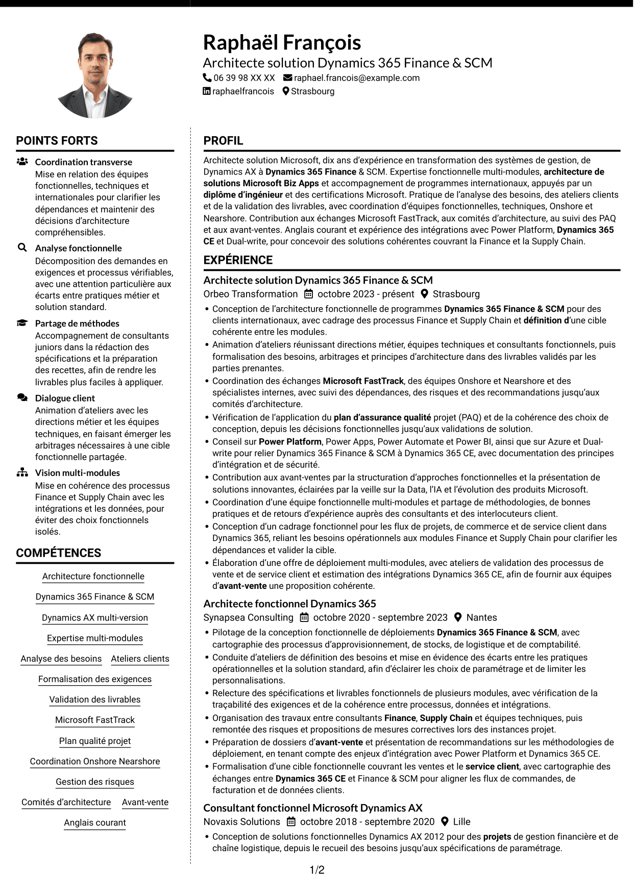 CV Moderne (format à deux colonnes avec photo à gauche et séparateur) : Architecte solution - Dynamics 365 Finance & SCM, page 1