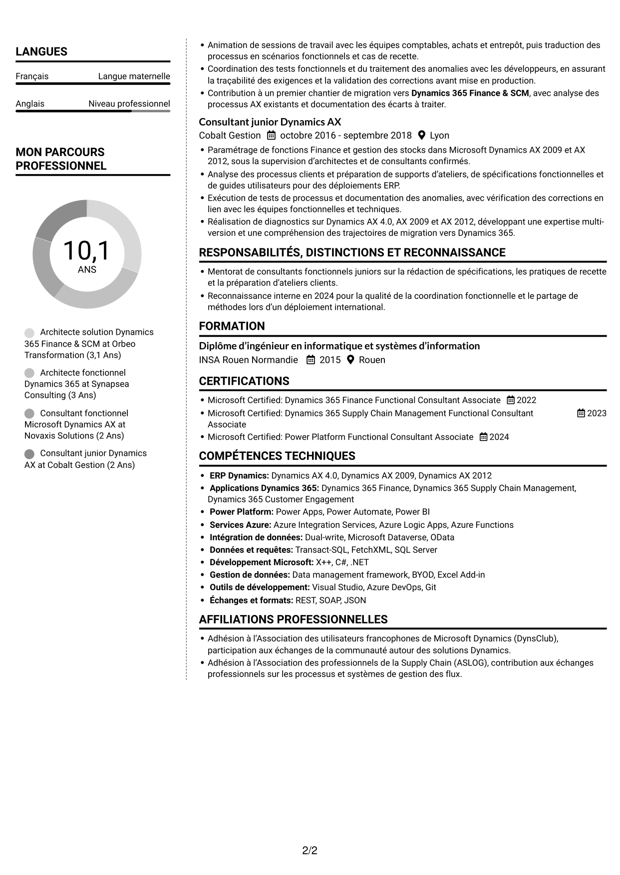 CV Moderne (format à deux colonnes avec photo à gauche et séparateur) : Architecte solution - Dynamics 365 Finance & SCM, page 2