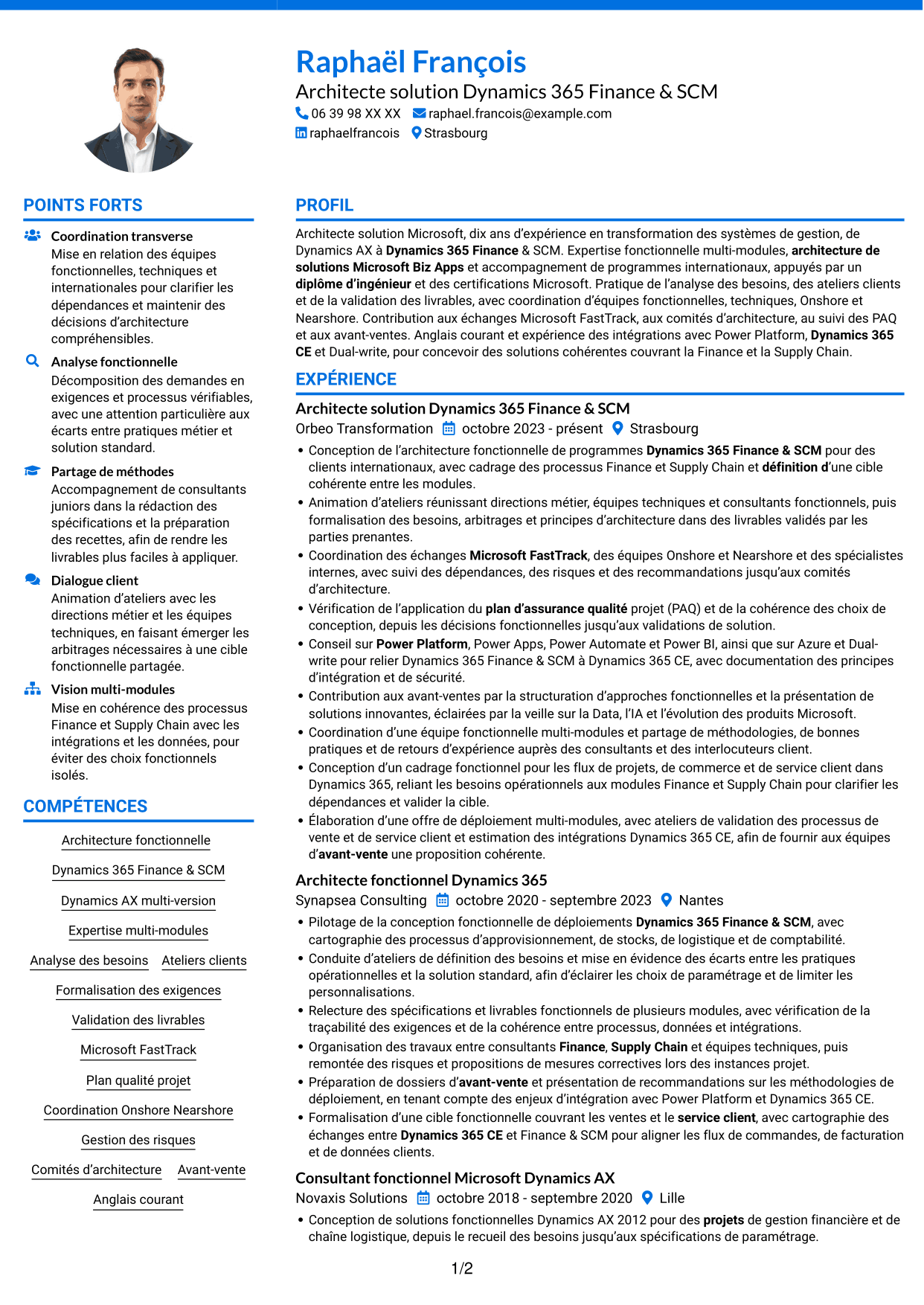 CV Audacieux (format à deux colonnes avec accents colorés et photo) : Architecte solution - Dynamics 365 Finance & SCM, page 1