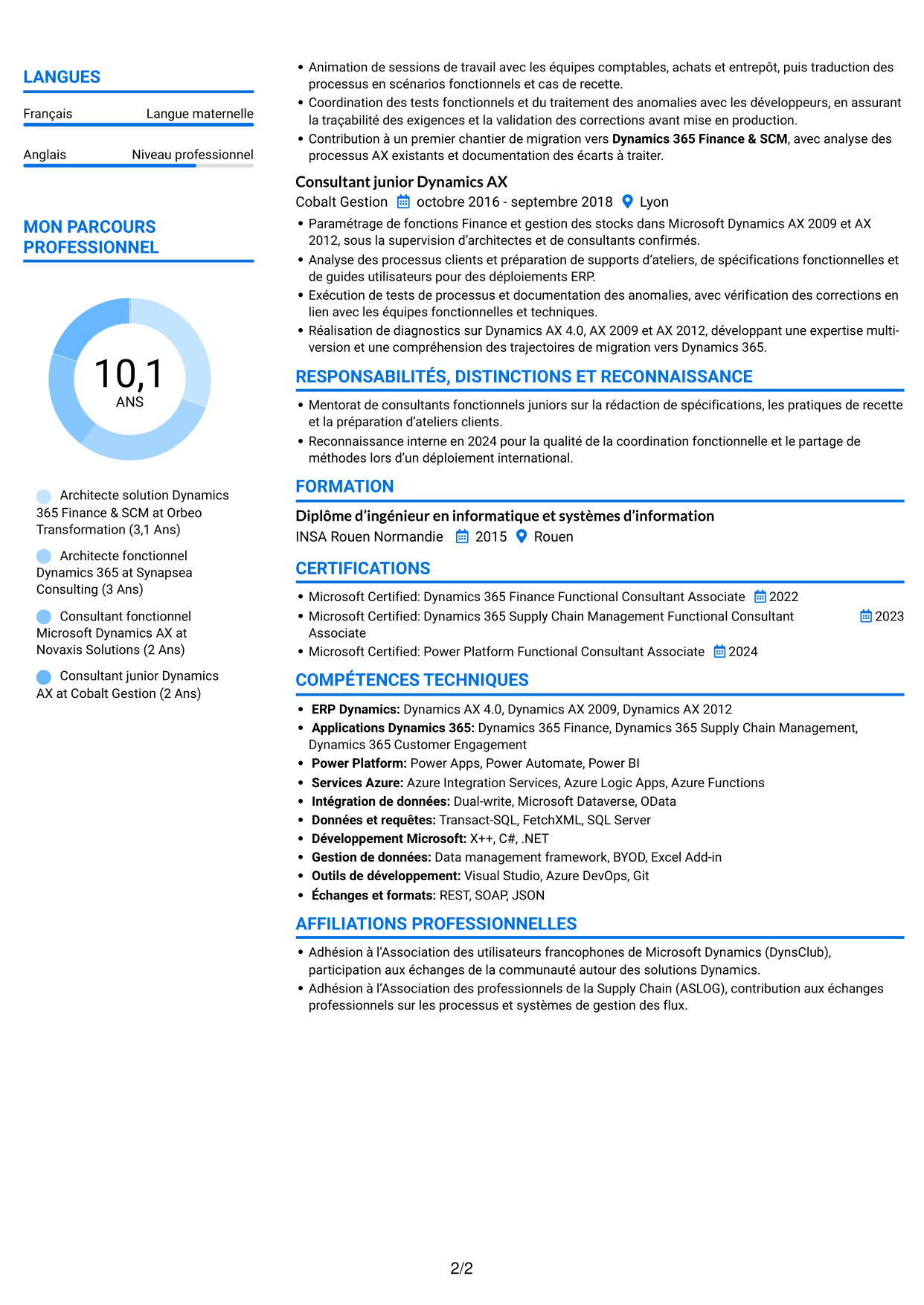 CV Audacieux (format à deux colonnes avec accents colorés et photo) : Architecte solution - Dynamics 365 Finance & SCM, page 2