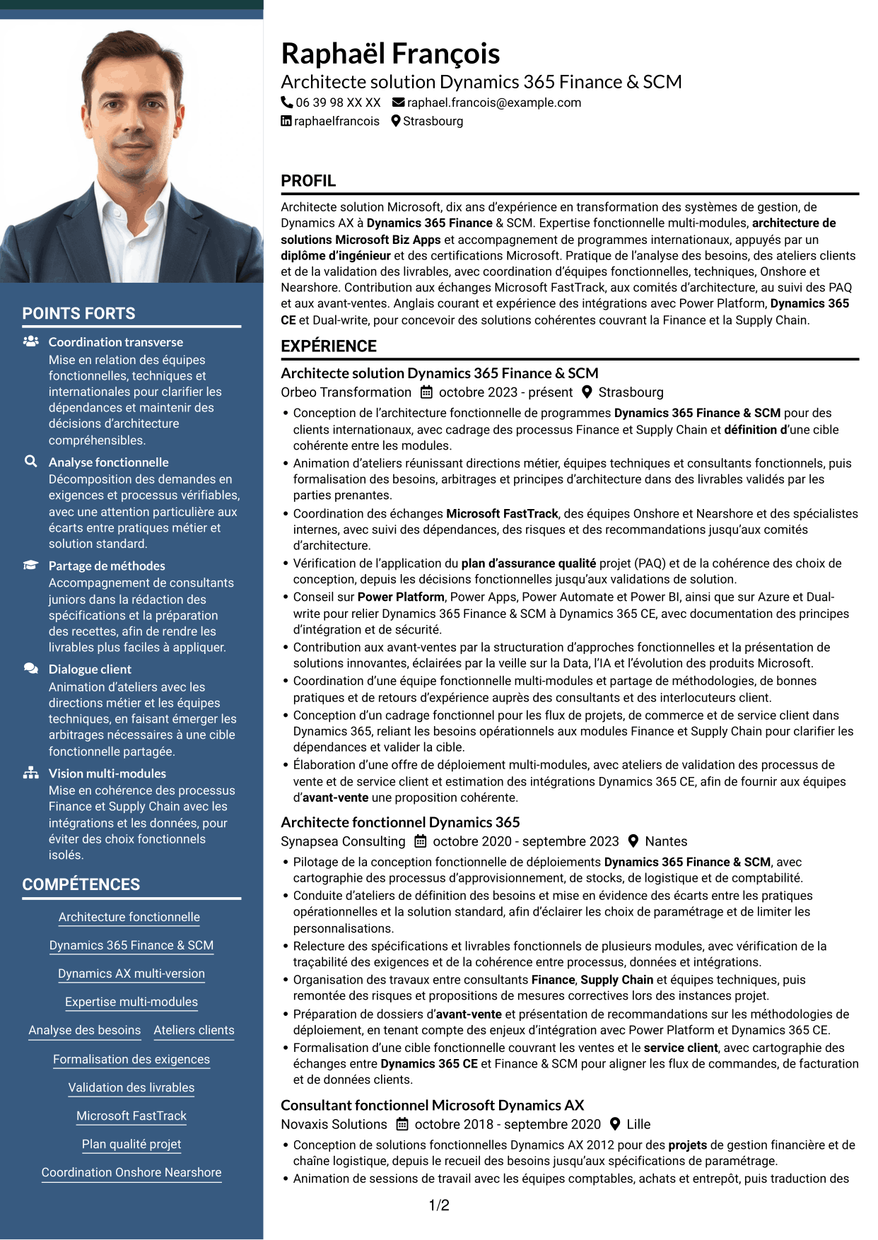 CV Signature (format à colonne latérale colorée avec grande photo) : Architecte solution - Dynamics 365 Finance & SCM, page 1