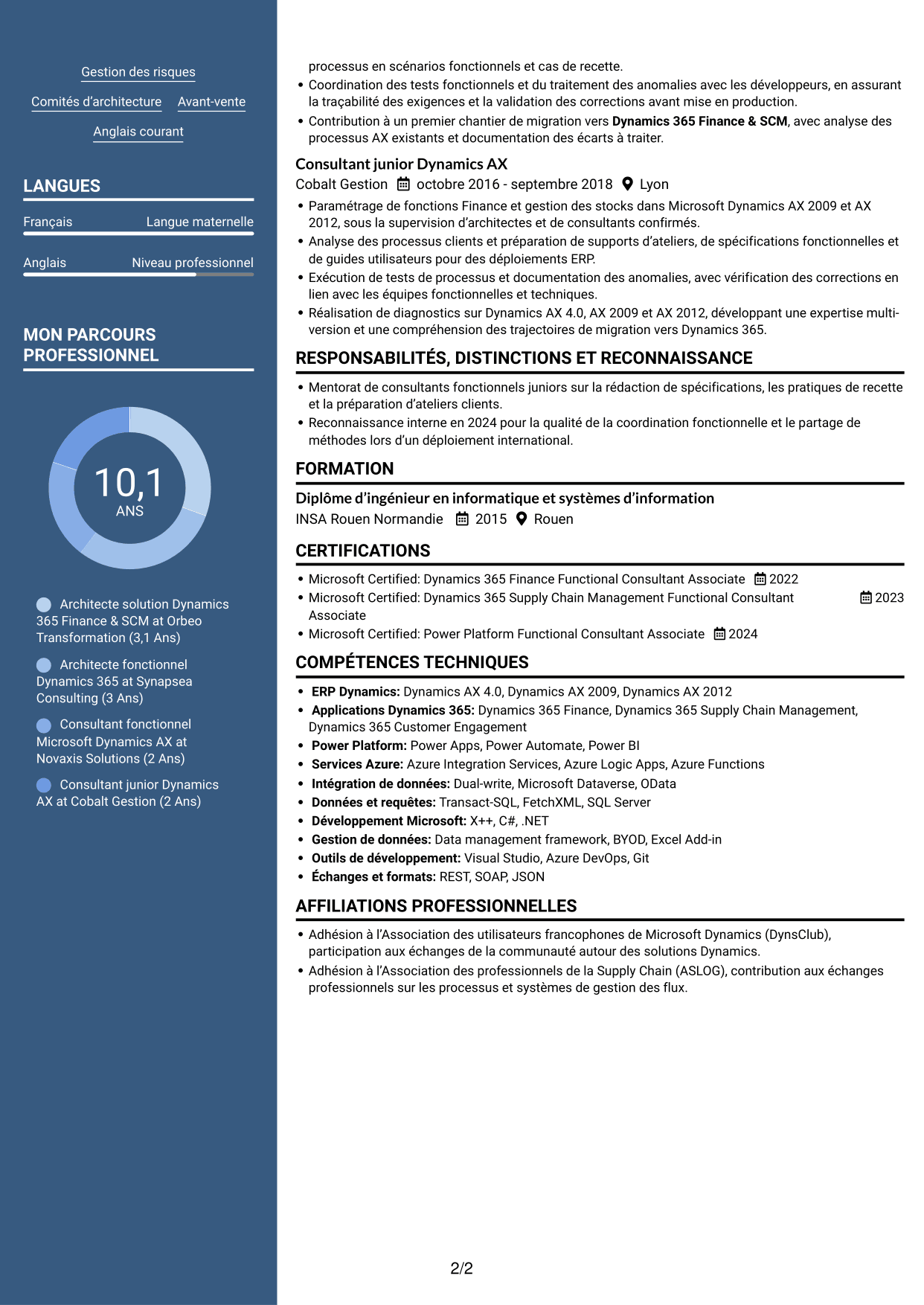 CV Signature (format à colonne latérale colorée avec grande photo) : Architecte solution - Dynamics 365 Finance & SCM, page 2