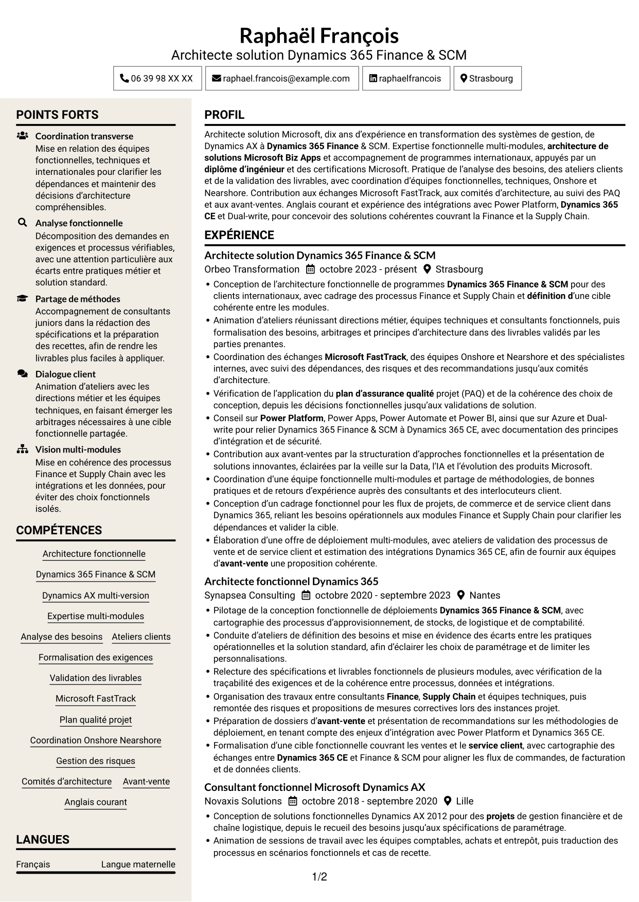 CV Fonceur (format à deux colonnes avec en-tête centré sans photo) : Architecte solution - Dynamics 365 Finance & SCM, page 1
