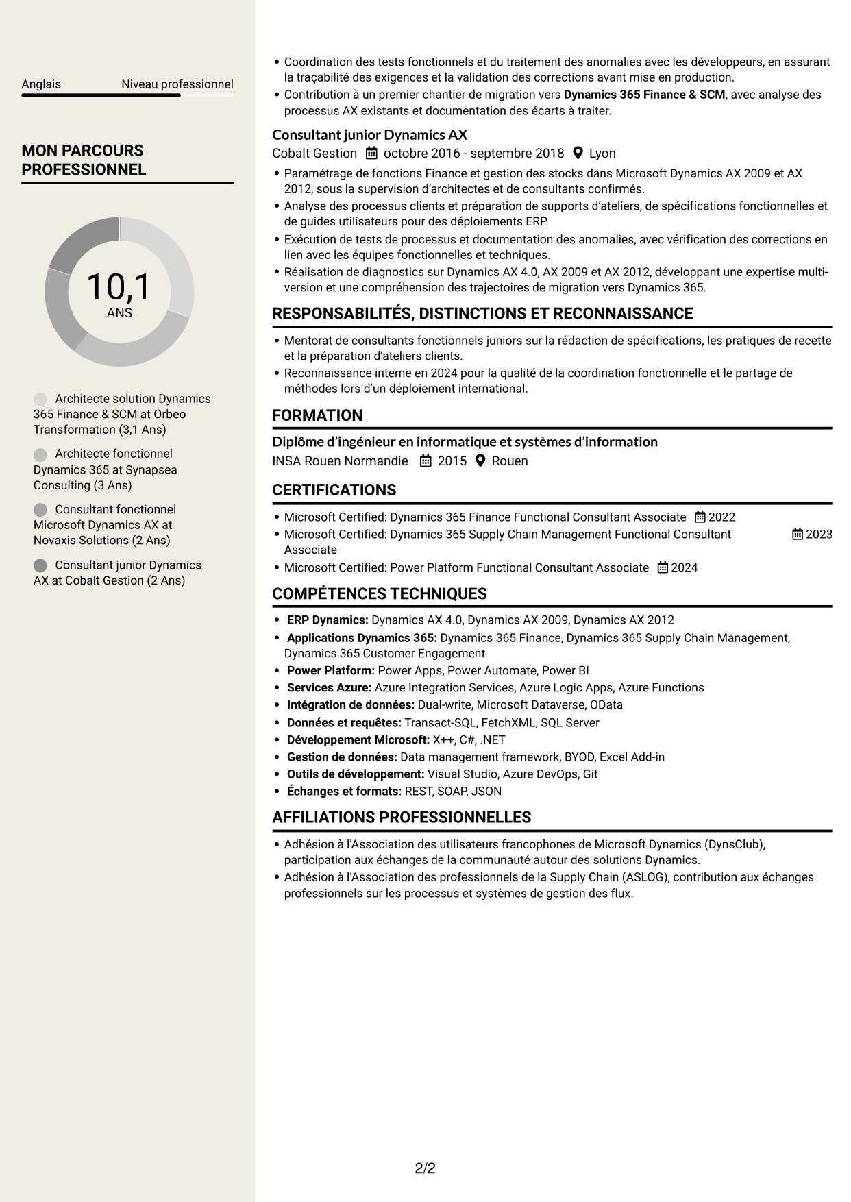 CV Fonceur (format à deux colonnes avec en-tête centré sans photo) : Architecte solution - Dynamics 365 Finance & SCM, page 2