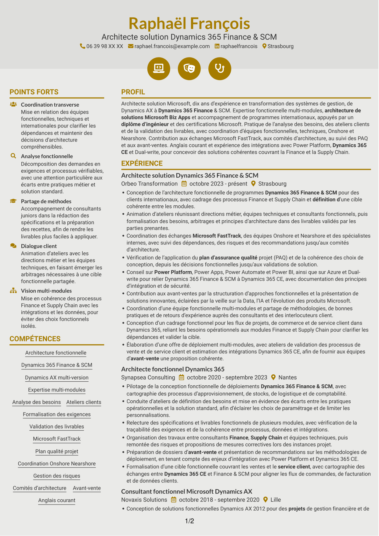 CV Dynamique (format à deux colonnes avec icônes) : Architecte solution - Dynamics 365 Finance & SCM, page 1