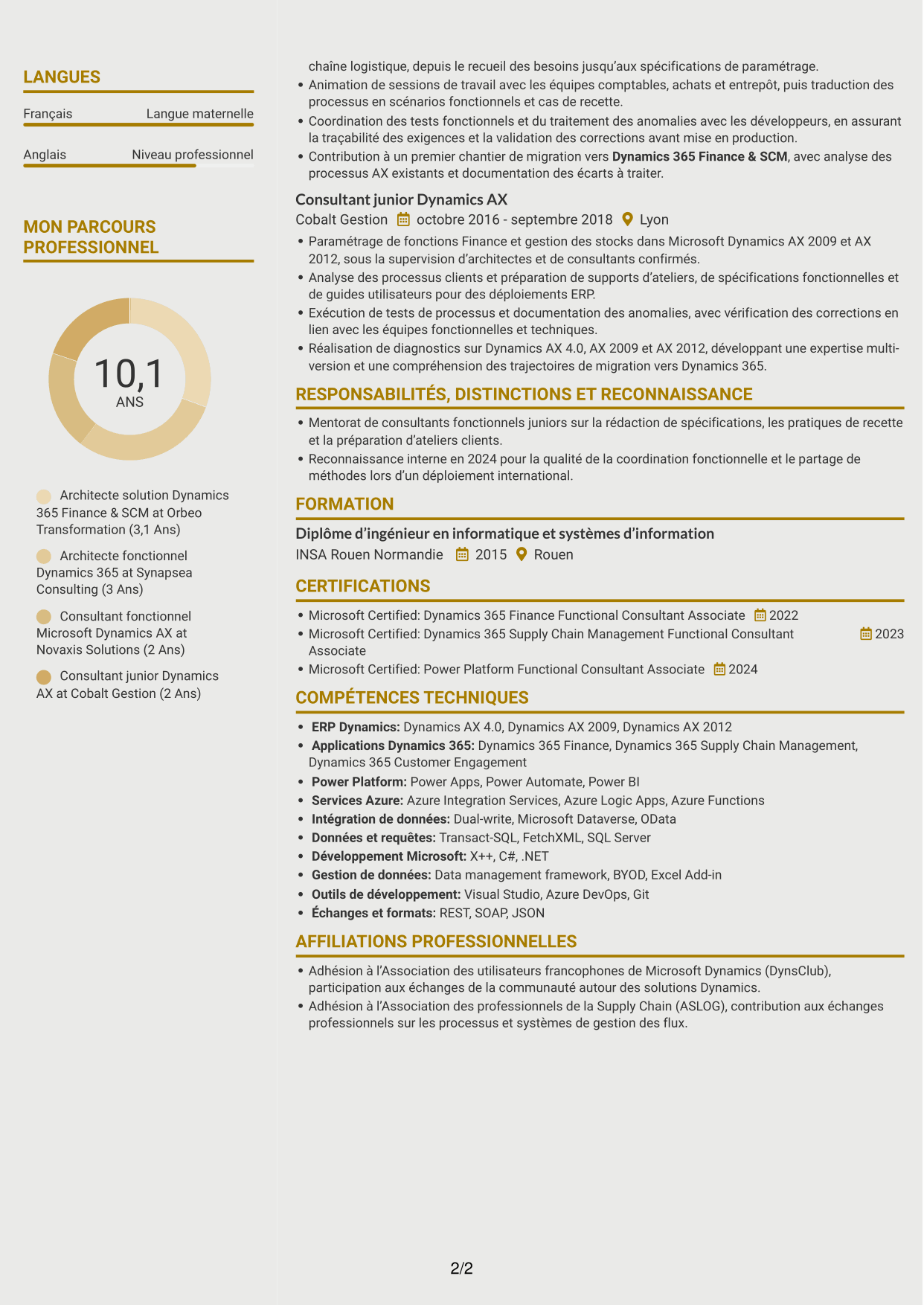 CV Dynamique (format à deux colonnes avec icônes) : Architecte solution - Dynamics 365 Finance & SCM, page 2