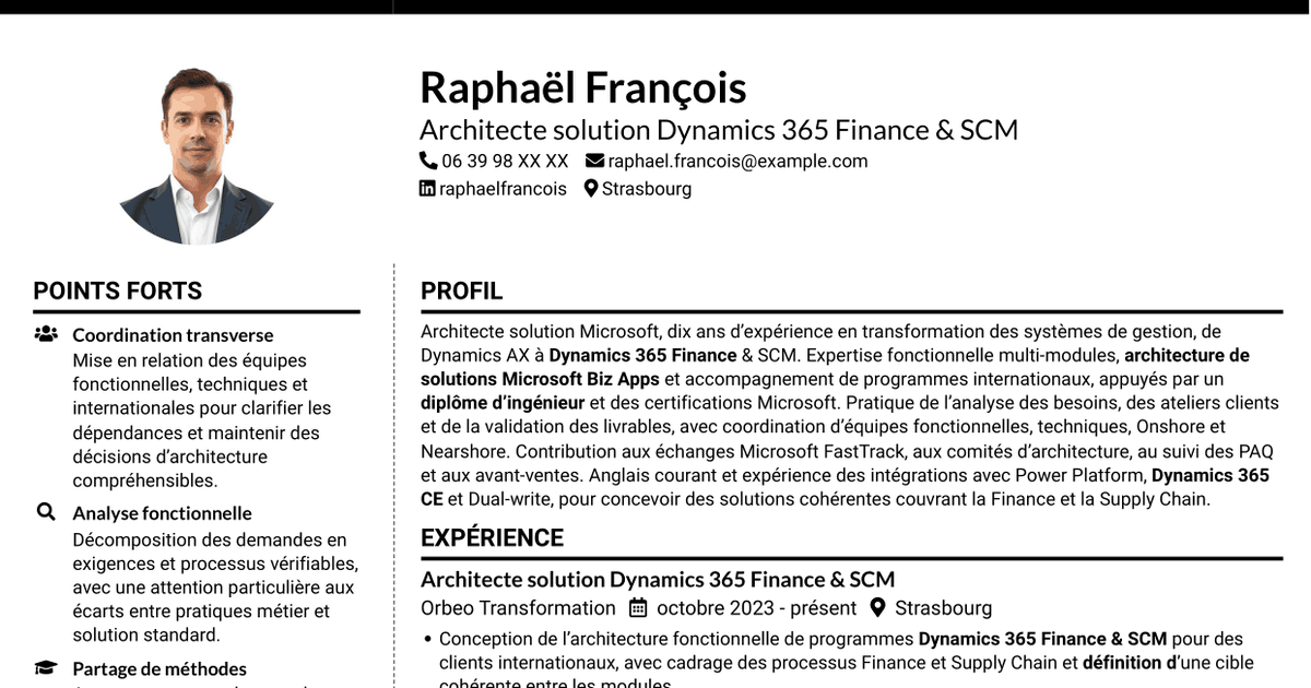 7 modèles de CV pour Architecte solution - Dynamics 365 Finance & SCM, avec exemples