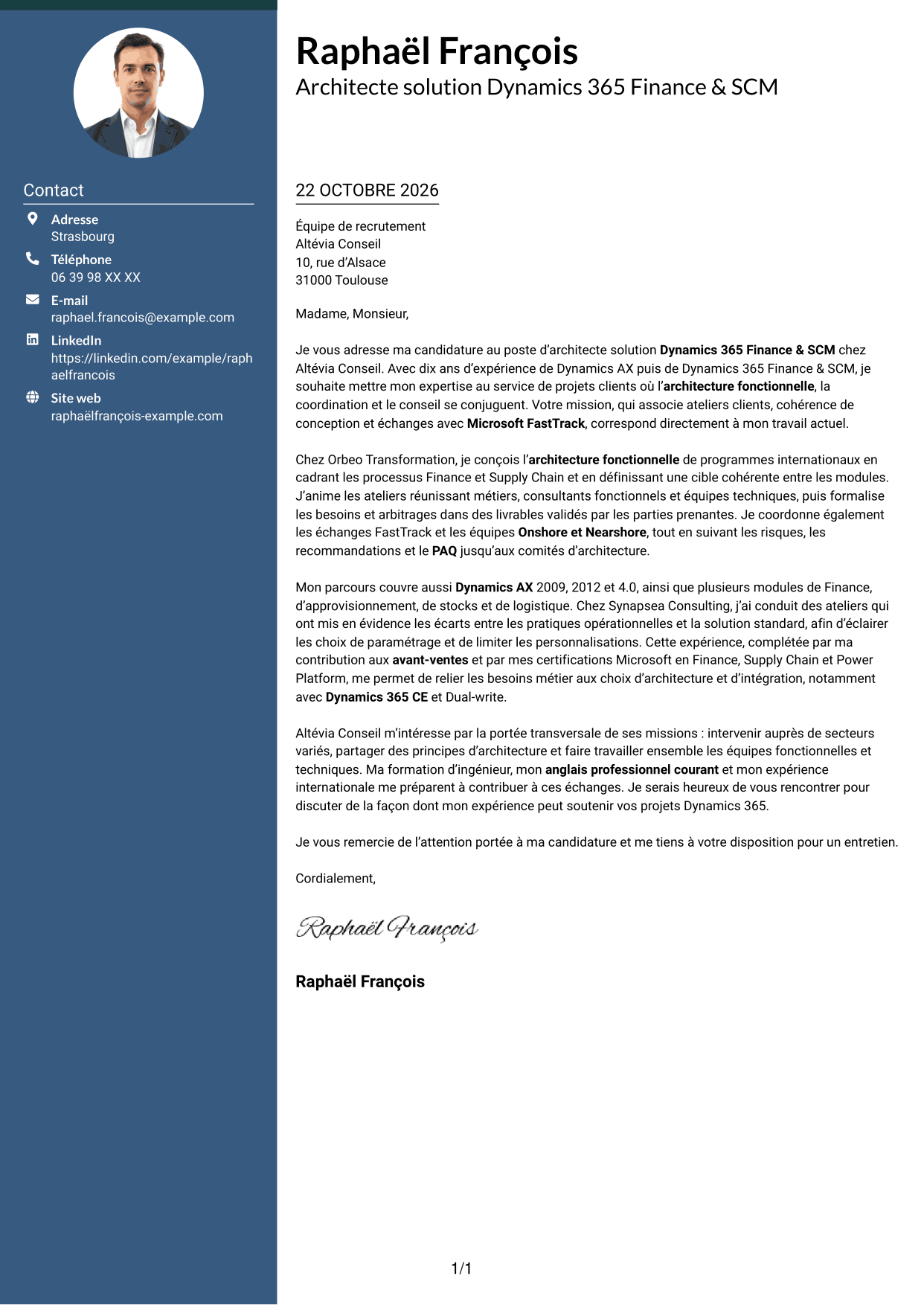 Lettre de motivation Élégant (format à colonne latérale colorée avec photo) : Architecte solution - Dynamics 365 Finance & SCM, page 1
