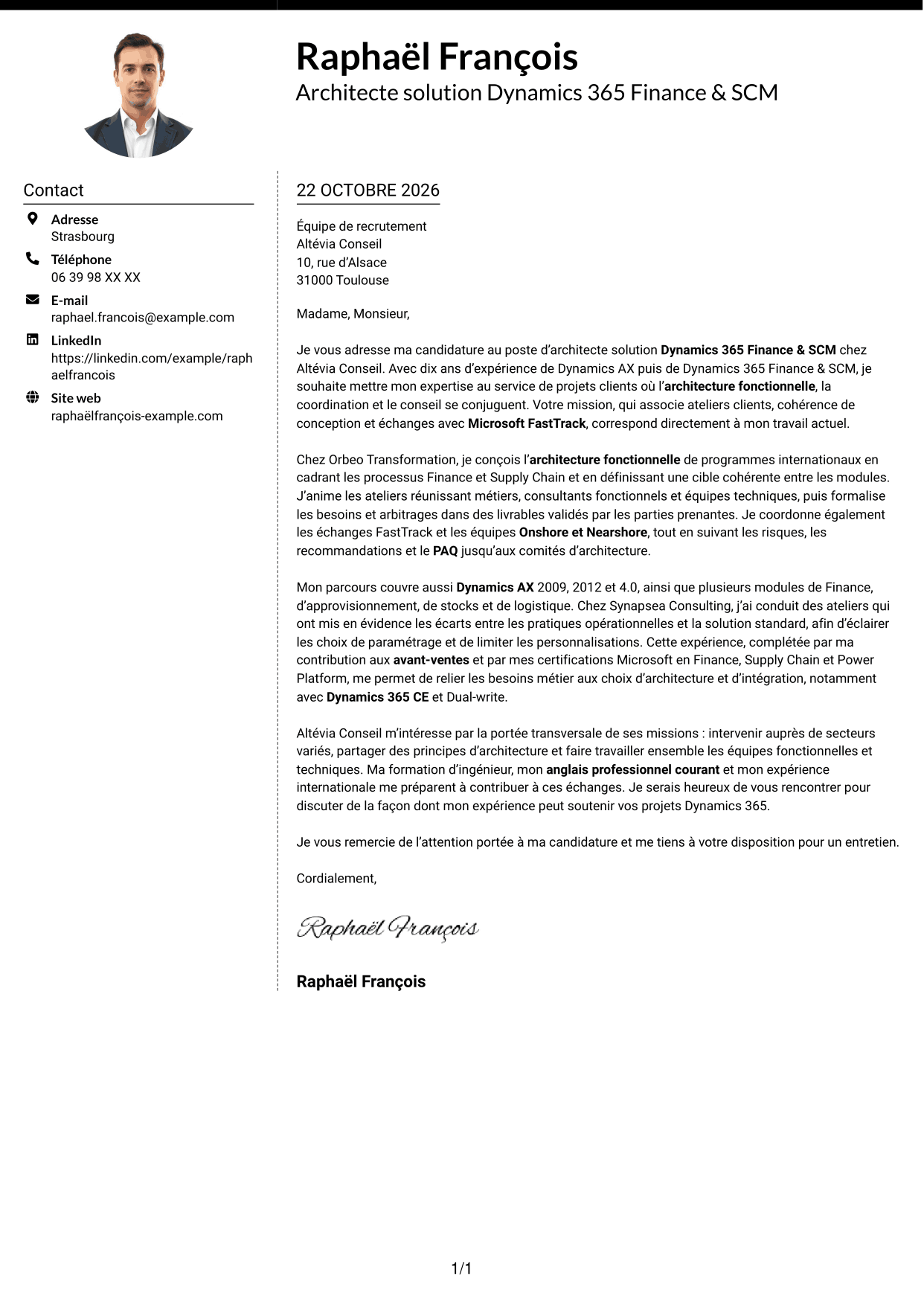 Lettre de motivation Moderne (format à deux colonnes avec photo à gauche et séparateur) : Architecte solution - Dynamics 365 Finance & SCM, page 1
