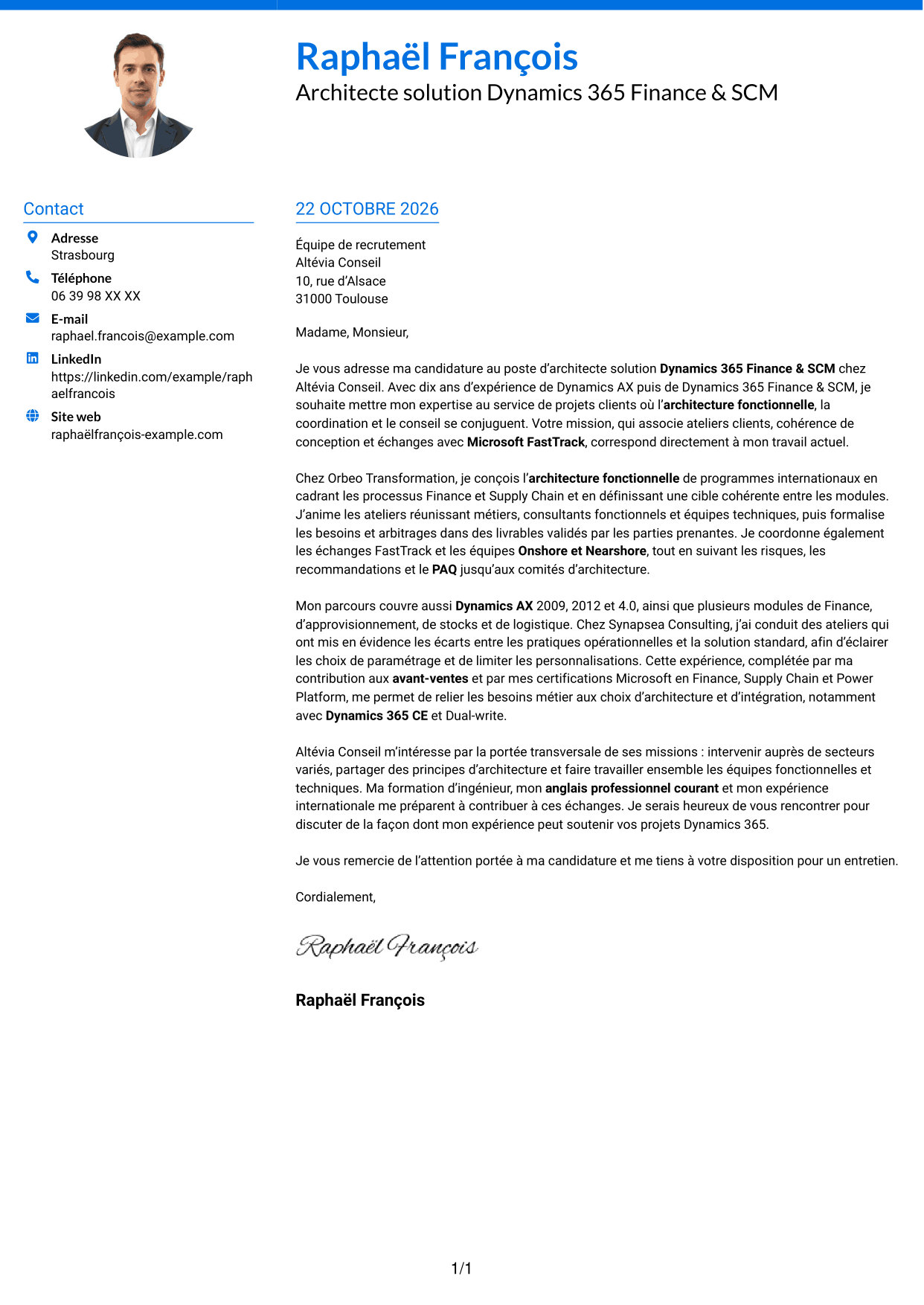 Lettre de motivation Audacieux (format à deux colonnes avec accents colorés et photo) : Architecte solution - Dynamics 365 Finance & SCM, page 1