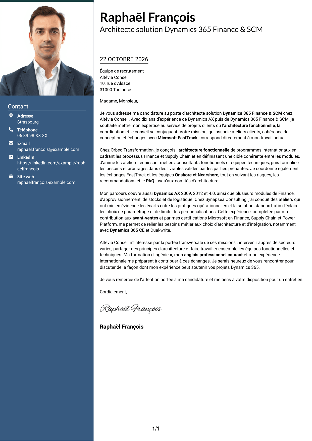Lettre de motivation Signature (format à colonne latérale colorée avec grande photo) : Architecte solution - Dynamics 365 Finance & SCM, page 1