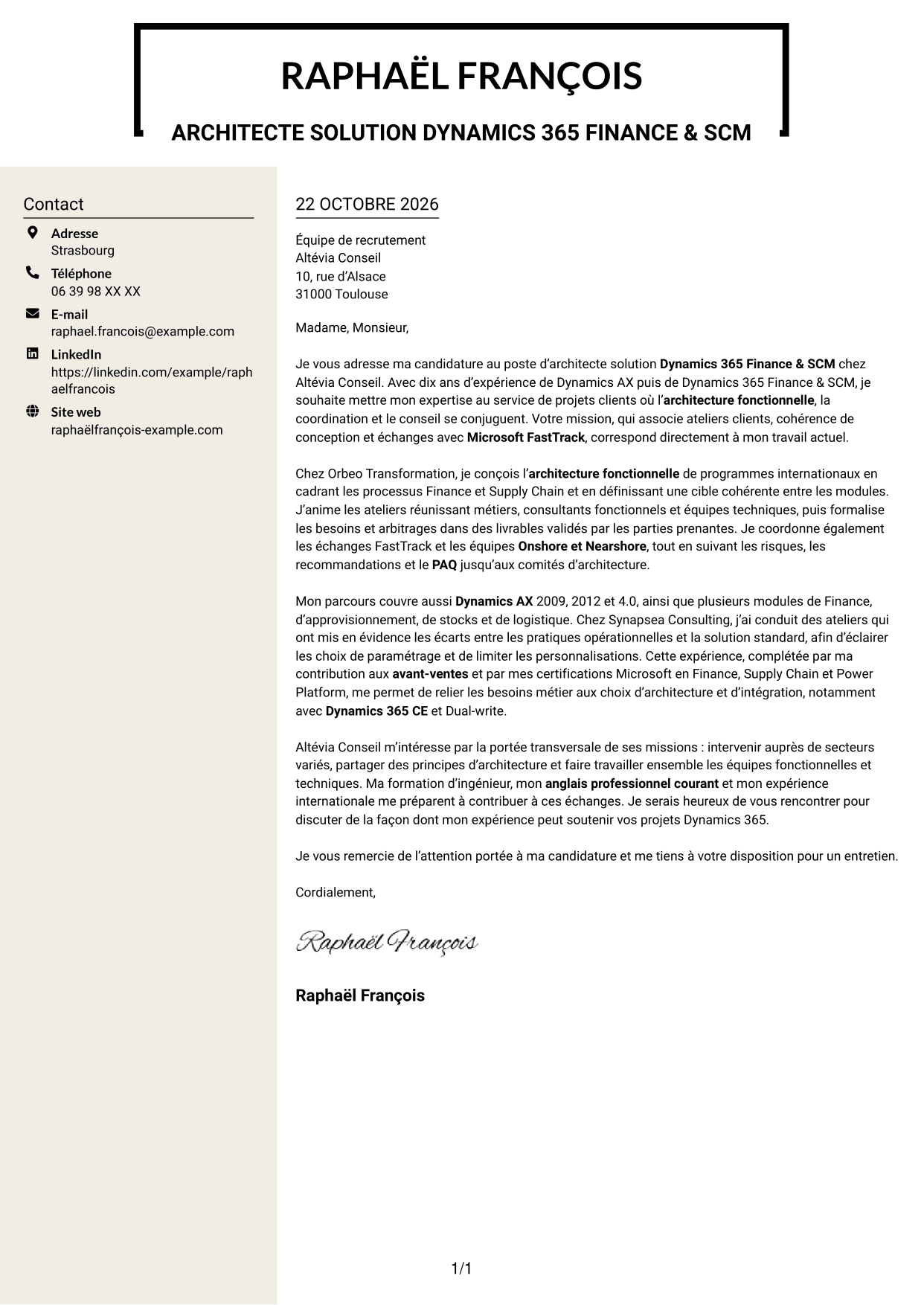 Lettre de motivation Fonceur (format à deux colonnes avec en-tête centré sans photo) : Architecte solution - Dynamics 365 Finance & SCM, page 1