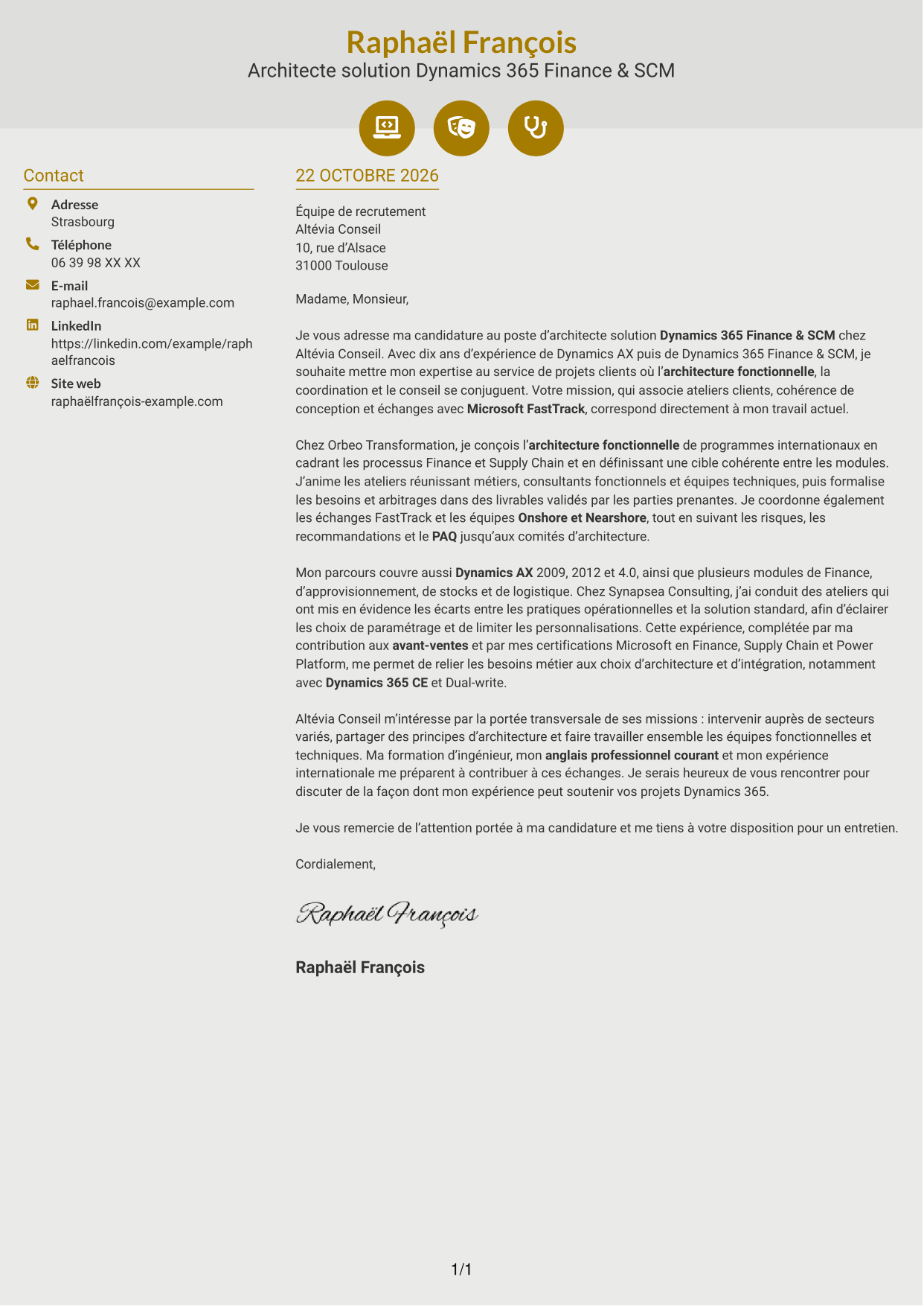 Lettre de motivation Dynamique (format à deux colonnes avec icônes) : Architecte solution - Dynamics 365 Finance & SCM, page 1