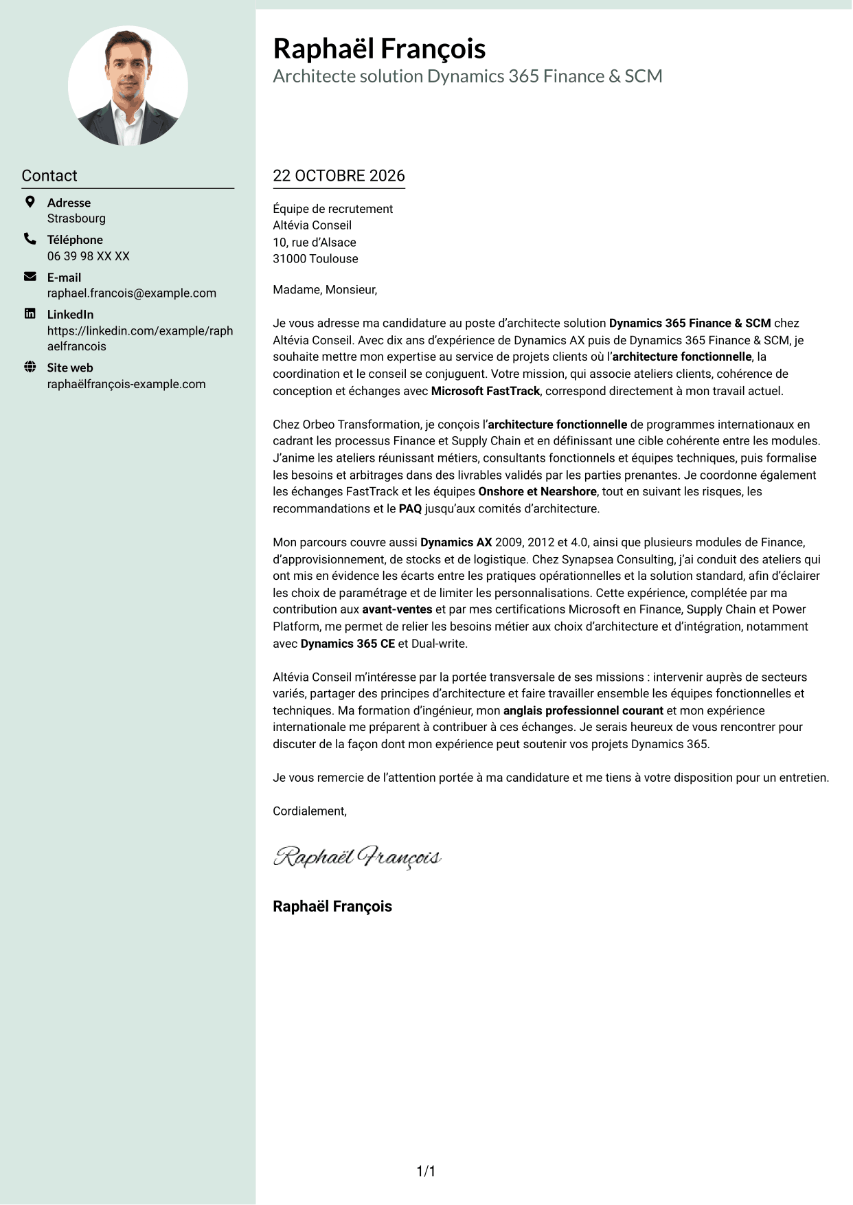 Lettre de motivation Cadre (format à colonne latérale douce avec photo arrondie) : Architecte solution - Dynamics 365 Finance & SCM, page 1