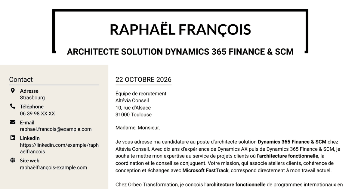 7 modèles de lettre de motivation pour Architecte solution - Dynamics 365 Finance & SCM, avec exemples