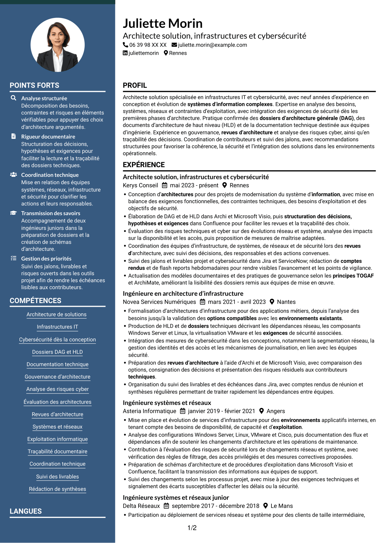 CV Élégant (format à colonne latérale colorée avec photo) : Architecte solution - Infrastructure et cybersécurité, page 1