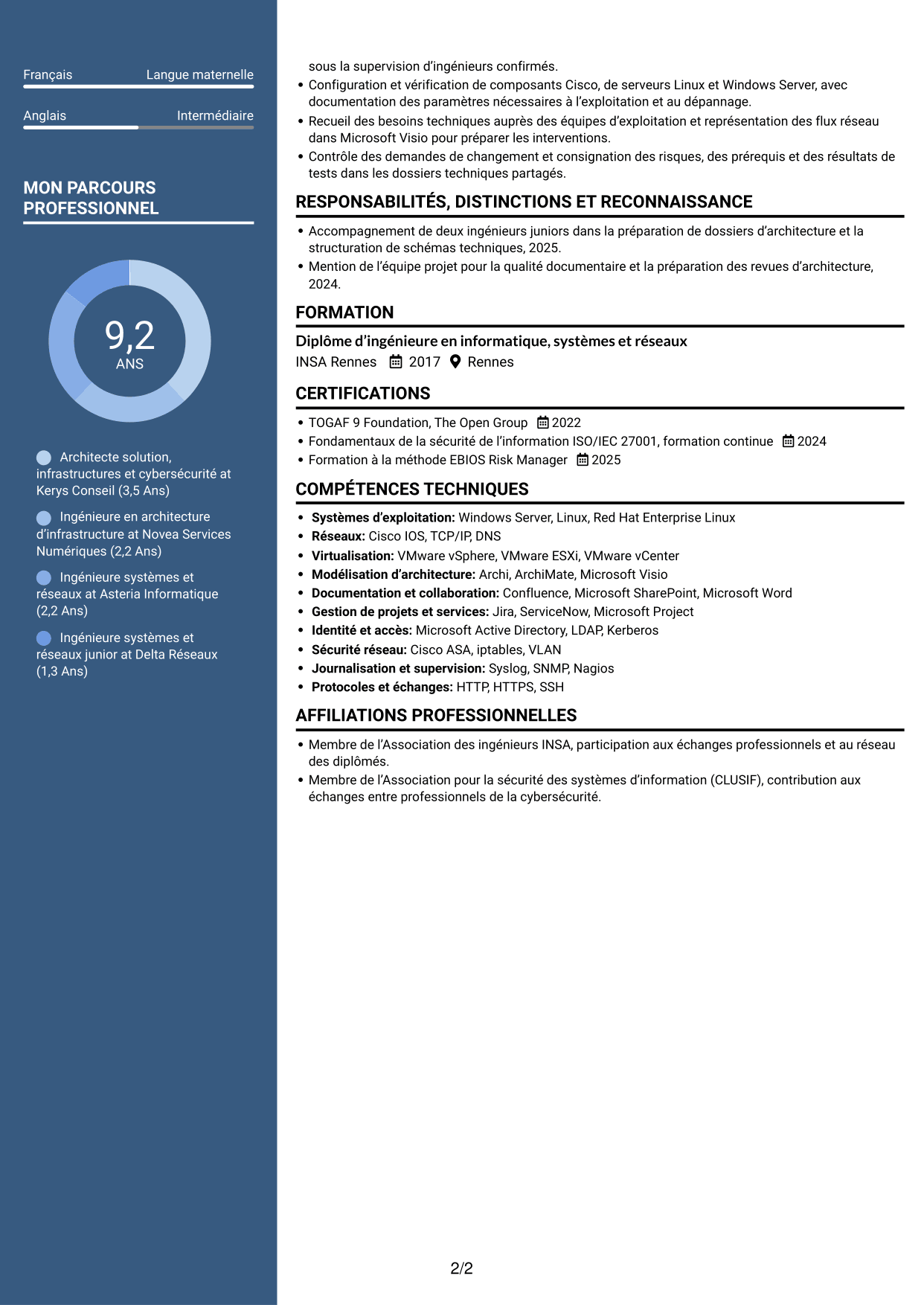CV Élégant (format à colonne latérale colorée avec photo) : Architecte solution - Infrastructure et cybersécurité, page 2
