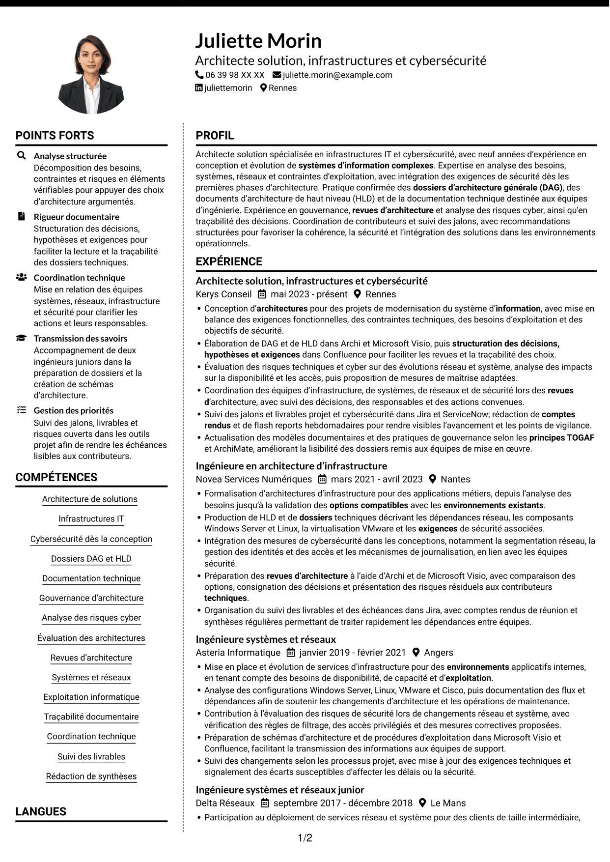 CV Moderne (format à deux colonnes avec photo à gauche et séparateur) : Architecte solution - Infrastructure et cybersécurité, page 1