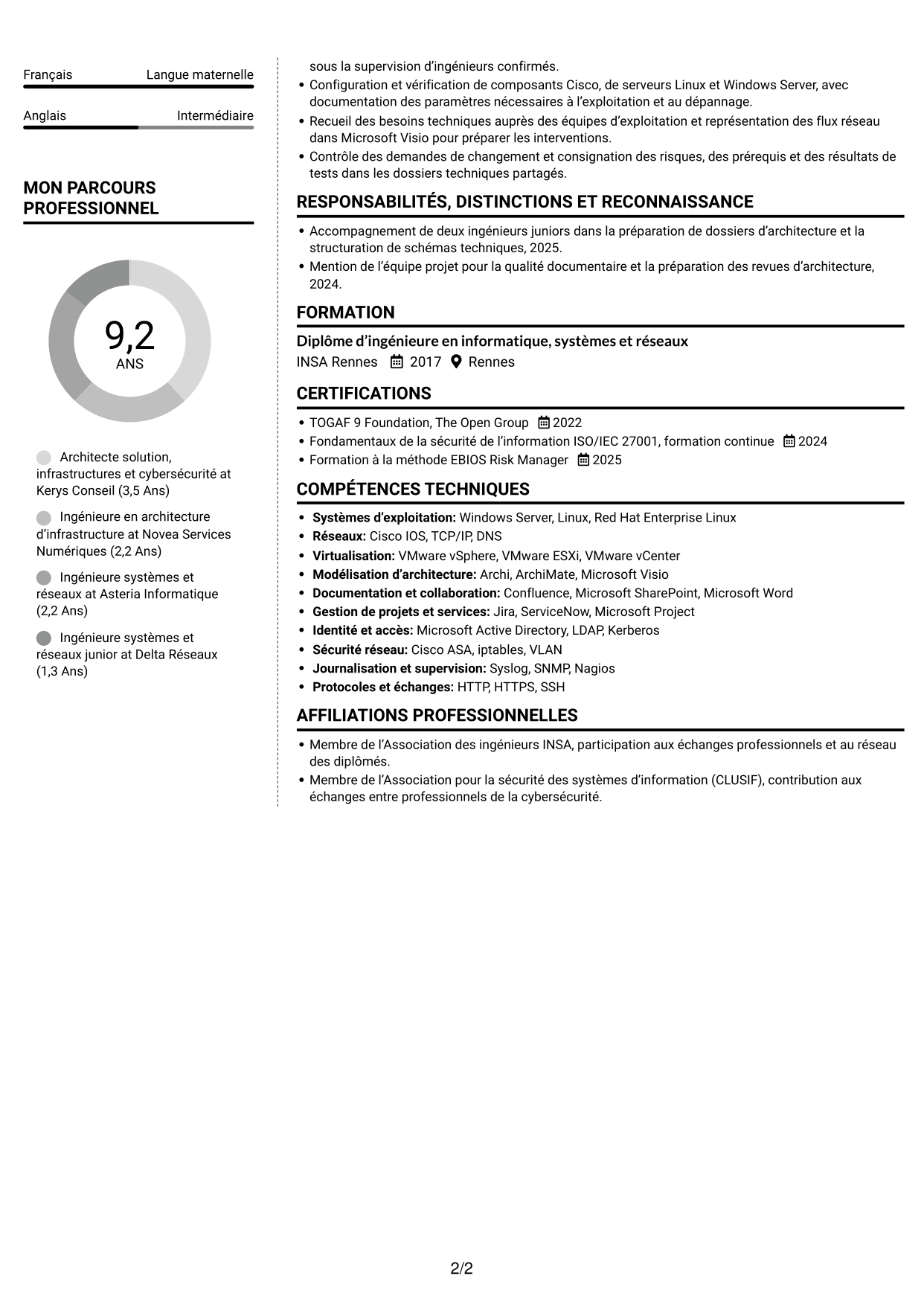 CV Moderne (format à deux colonnes avec photo à gauche et séparateur) : Architecte solution - Infrastructure et cybersécurité, page 2
