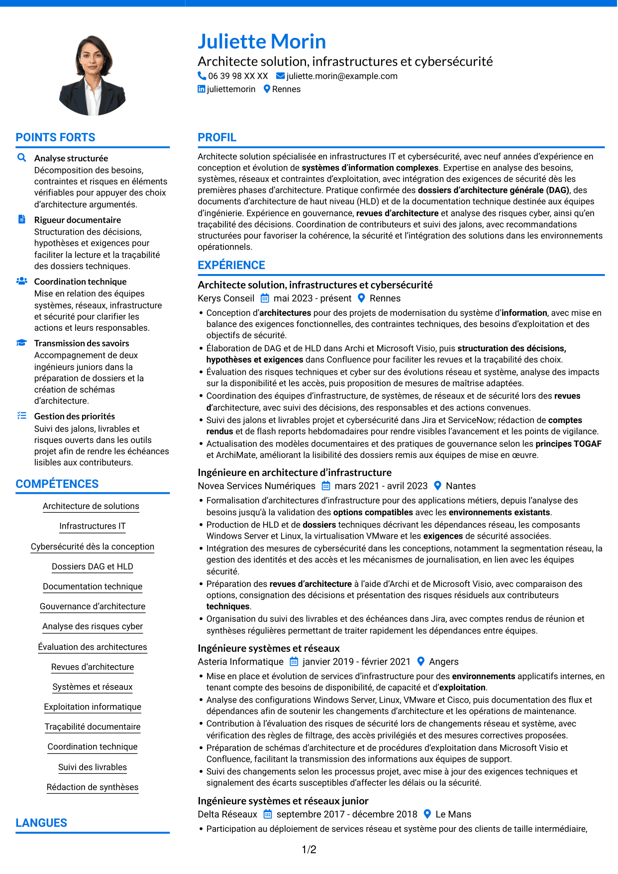 CV Audacieux (format à deux colonnes avec accents colorés et photo) : Architecte solution - Infrastructure et cybersécurité, page 1
