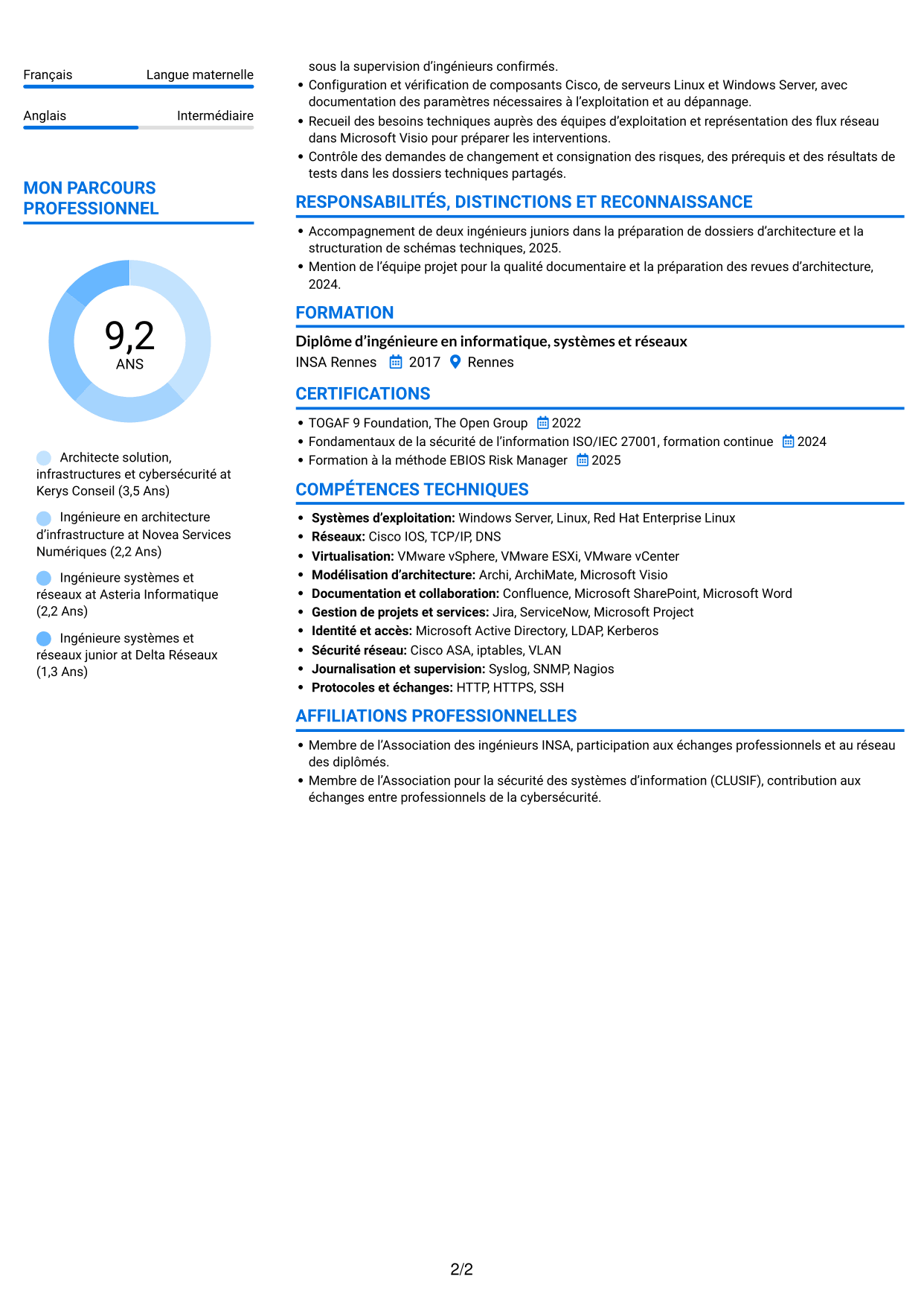 CV Audacieux (format à deux colonnes avec accents colorés et photo) : Architecte solution - Infrastructure et cybersécurité, page 2