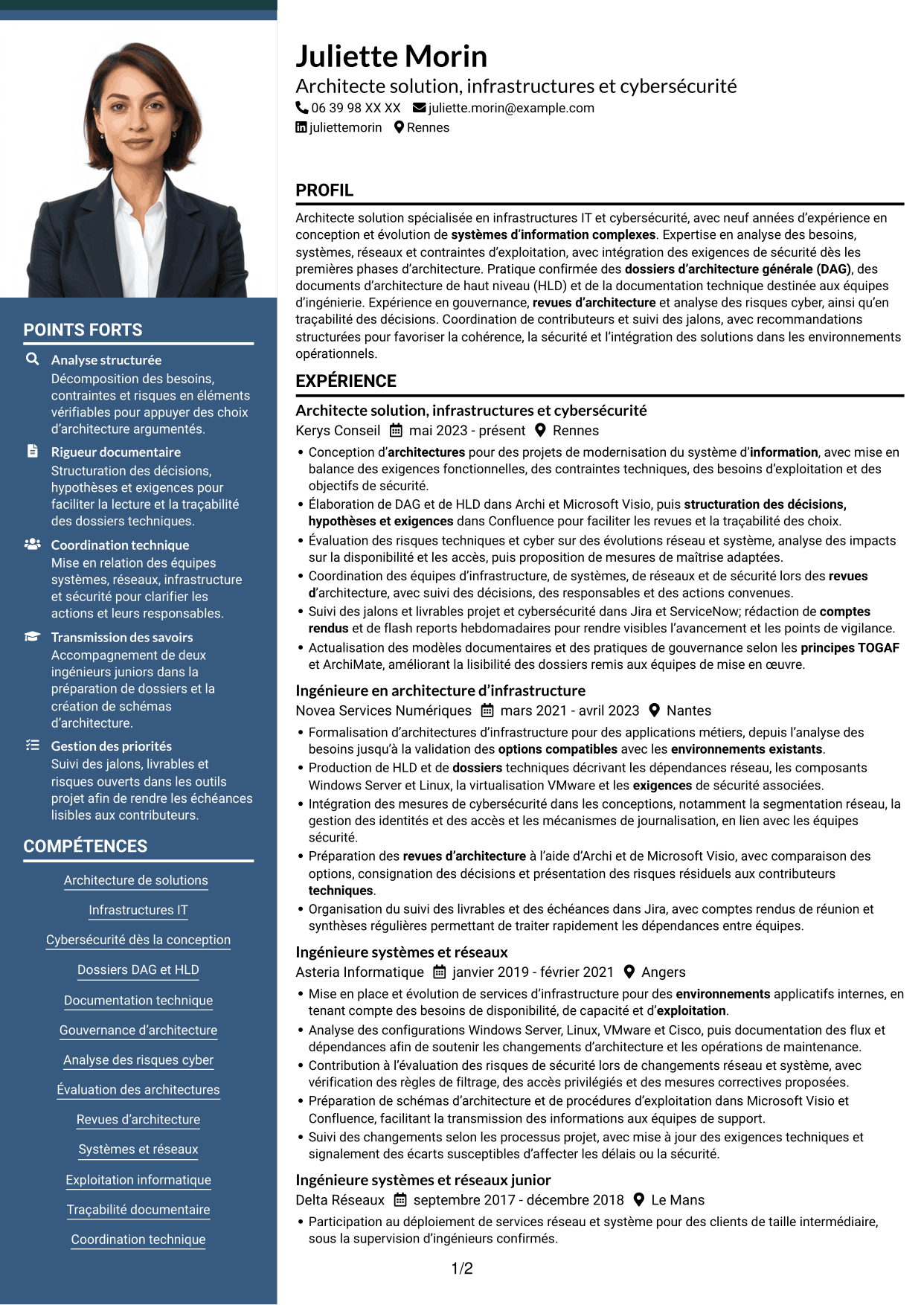 CV Signature (format à colonne latérale colorée avec grande photo) : Architecte solution - Infrastructure et cybersécurité, page 1