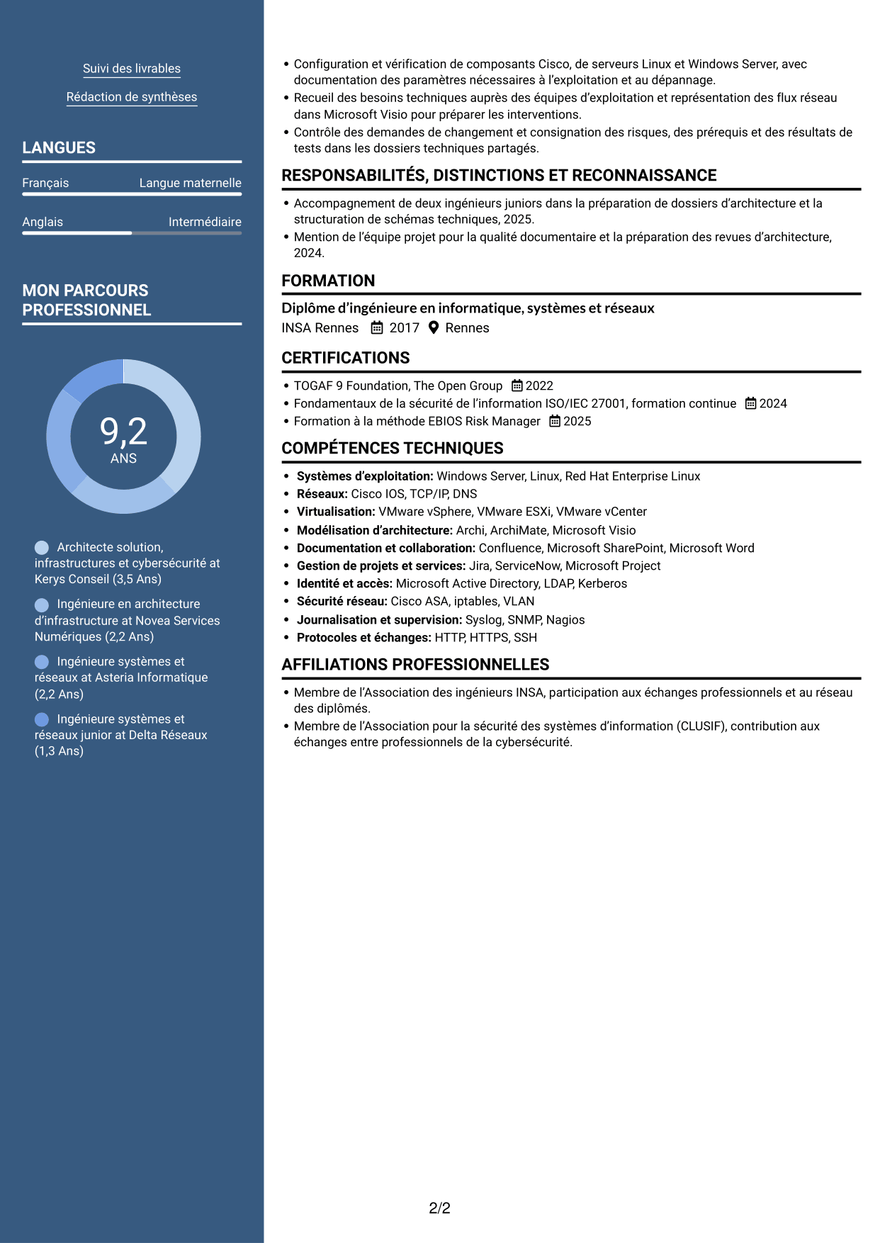 CV Signature (format à colonne latérale colorée avec grande photo) : Architecte solution - Infrastructure et cybersécurité, page 2