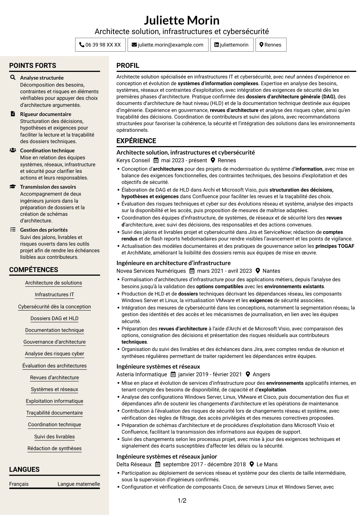 CV Fonceur (format à deux colonnes avec en-tête centré sans photo) : Architecte solution - Infrastructure et cybersécurité, page 1
