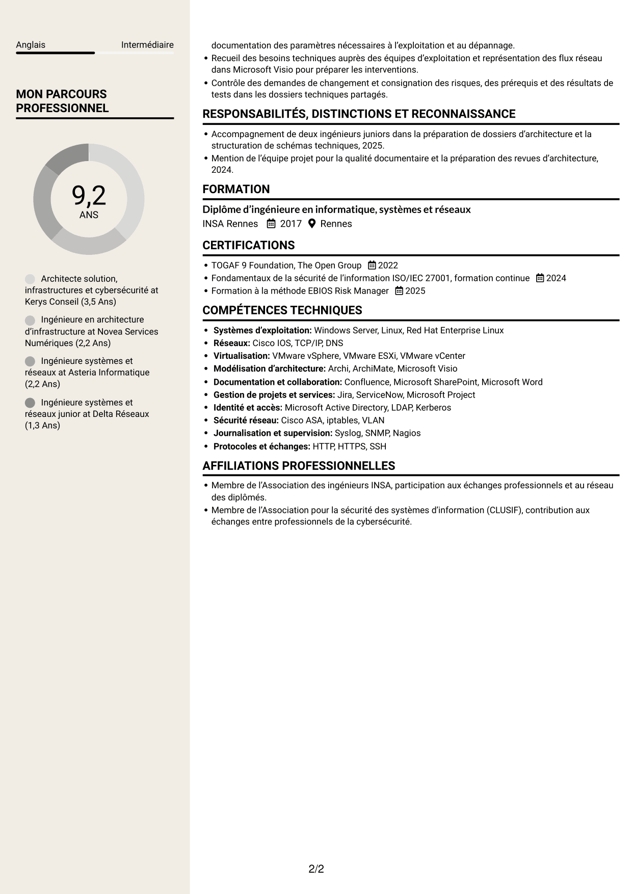 CV Fonceur (format à deux colonnes avec en-tête centré sans photo) : Architecte solution - Infrastructure et cybersécurité, page 2