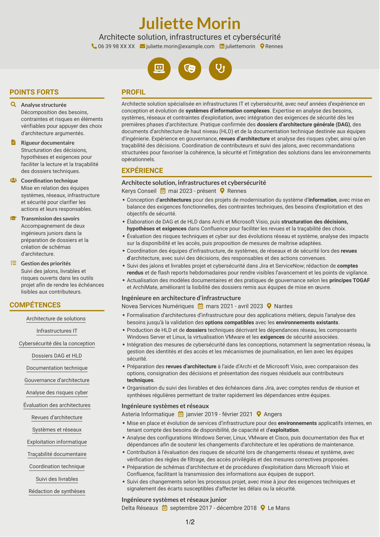 CV Dynamique (format à deux colonnes avec icônes) : Architecte solution - Infrastructure et cybersécurité, page 1