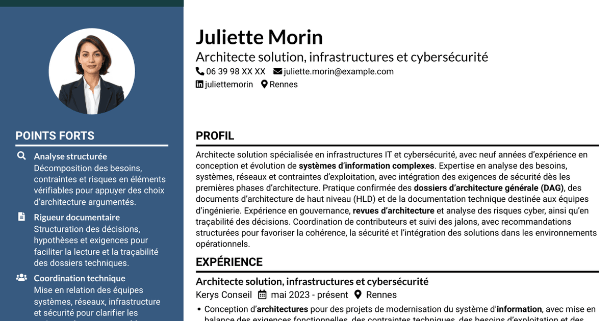 7 modèles de CV pour Architecte solution - Infrastructure et cybersécurité, avec exemples