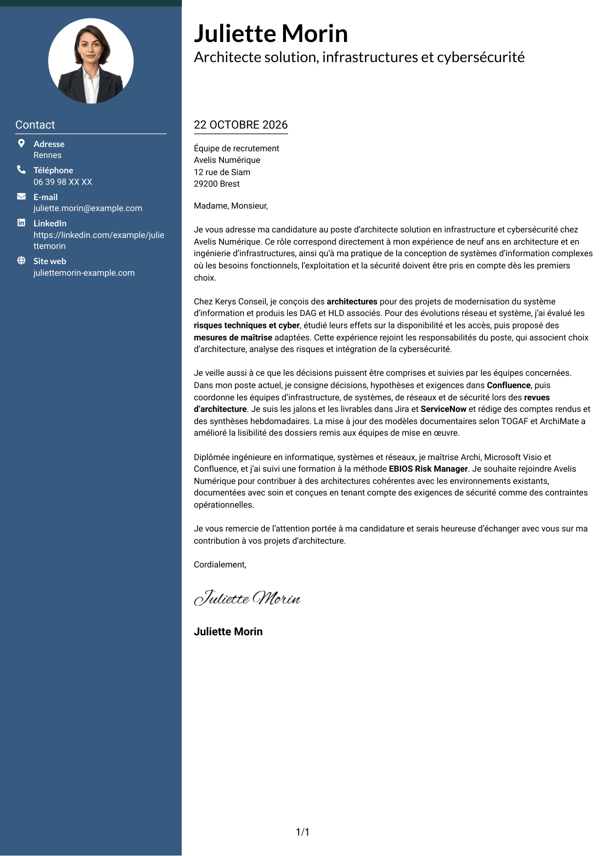 Lettre de motivation Élégant (format à colonne latérale colorée avec photo) : Architecte solution - Infrastructure et cybersécurité, page 1