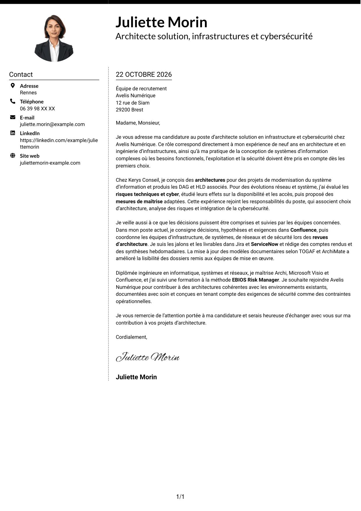 Lettre de motivation Moderne (format à deux colonnes avec photo à gauche et séparateur) : Architecte solution - Infrastructure et cybersécurité, page 1