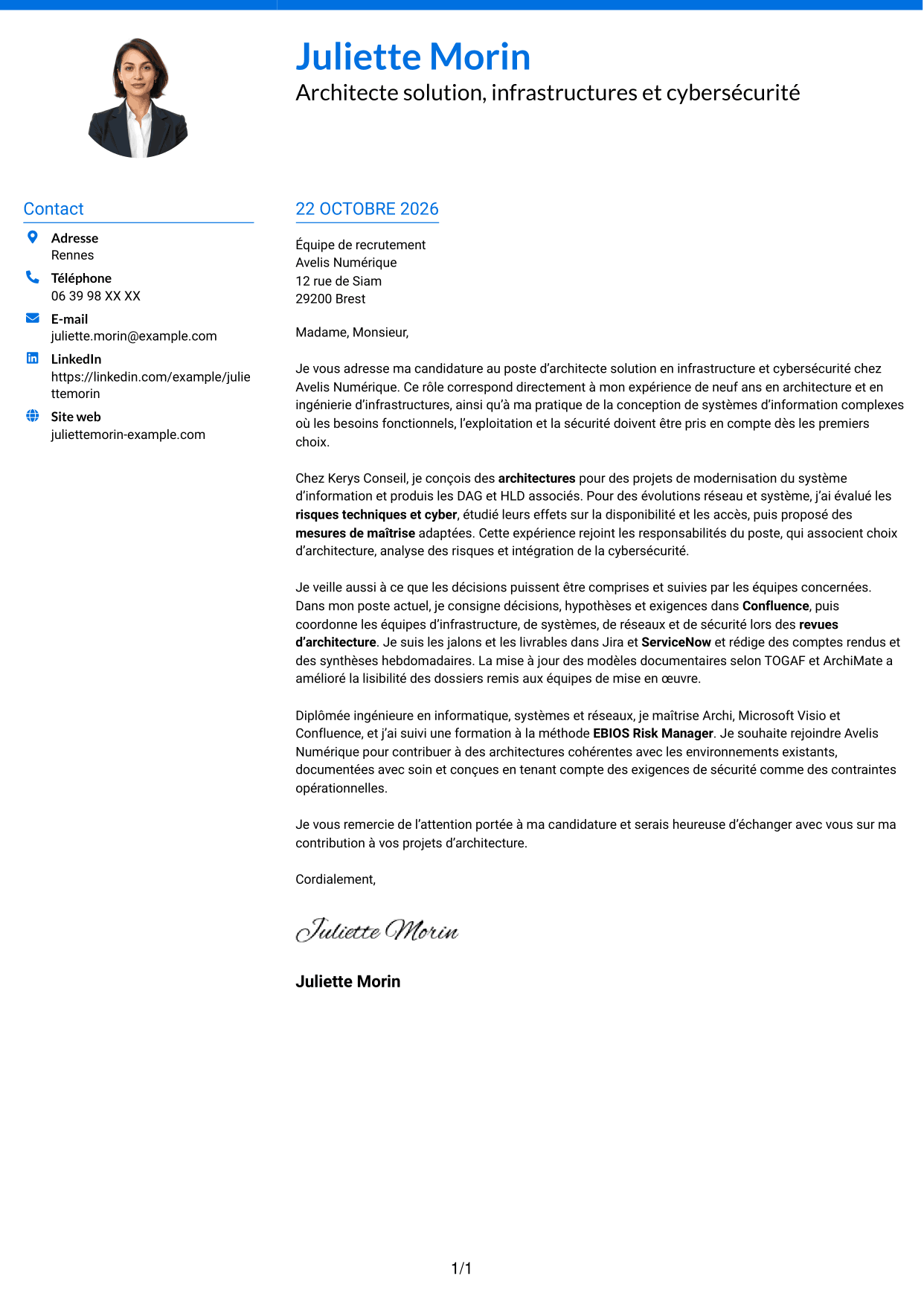 Lettre de motivation Audacieux (format à deux colonnes avec accents colorés et photo) : Architecte solution - Infrastructure et cybersécurité, page 1