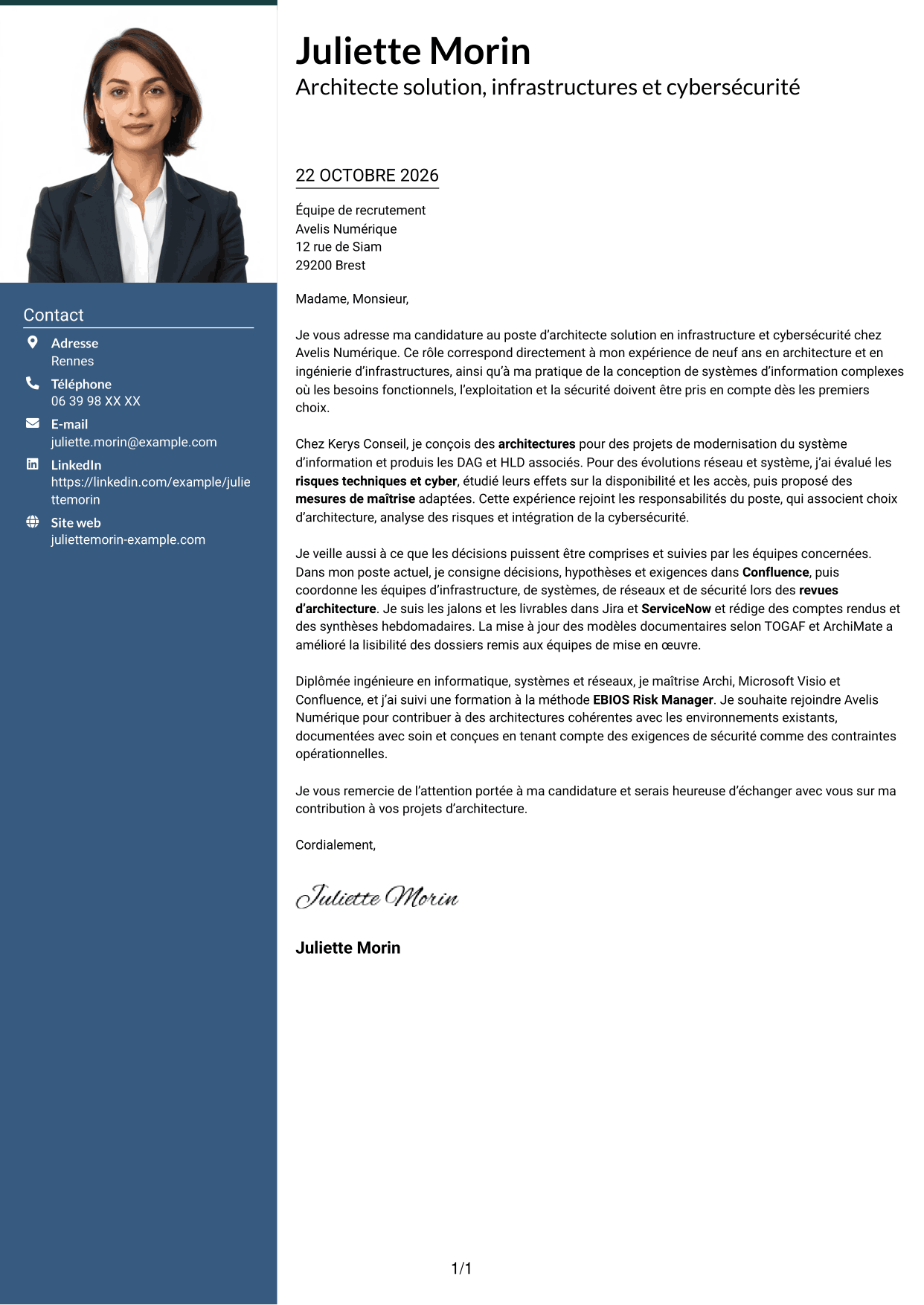 Lettre de motivation Signature (format à colonne latérale colorée avec grande photo) : Architecte solution - Infrastructure et cybersécurité, page 1
