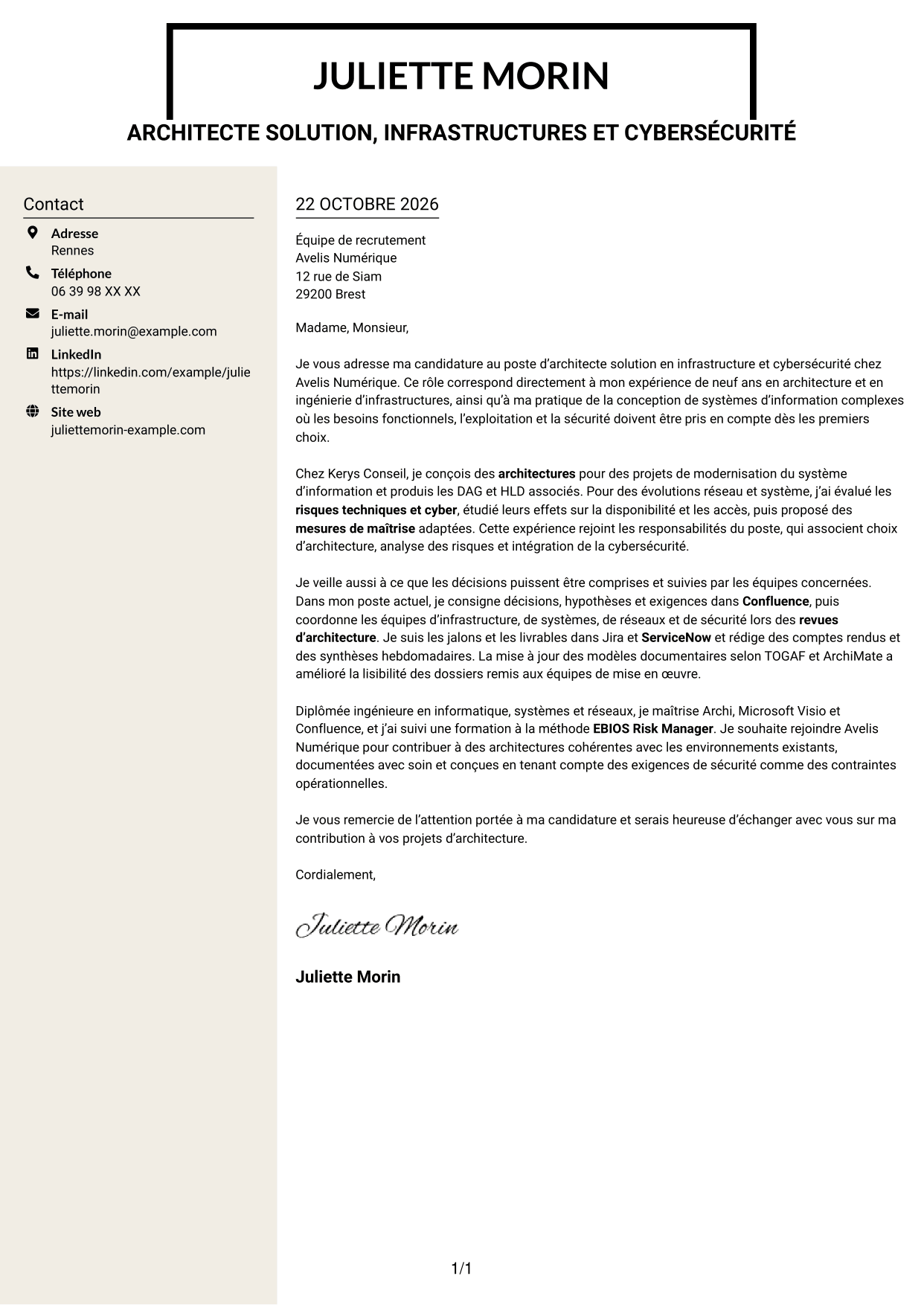 Lettre de motivation Fonceur (format à deux colonnes avec en-tête centré sans photo) : Architecte solution - Infrastructure et cybersécurité, page 1