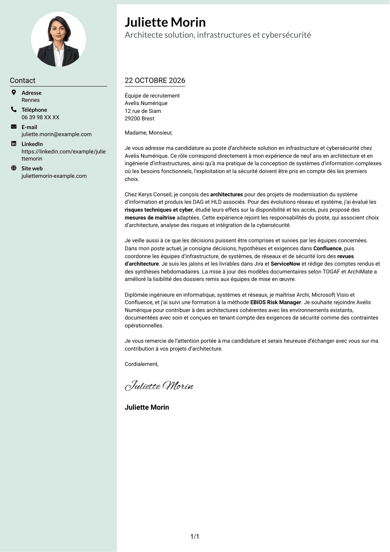Lettre de motivation Cadre (format à colonne latérale douce avec photo arrondie) : Architecte solution - Infrastructure et cybersécurité, page 1