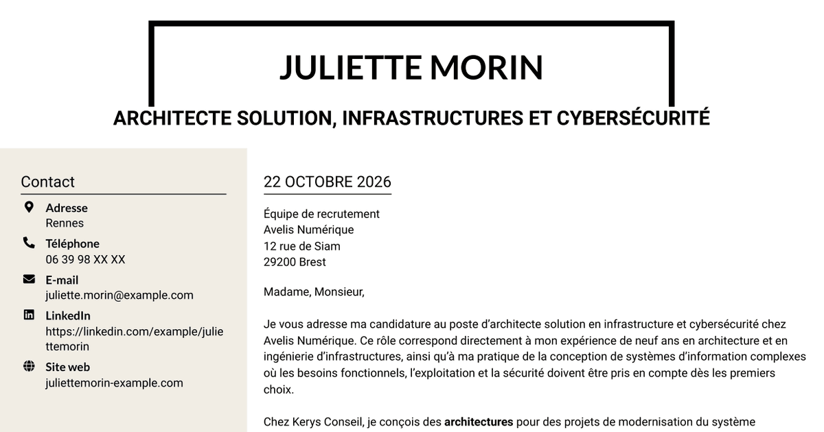 7 modèles de lettre de motivation pour Architecte solution - Infrastructure et cybersécurité, avec exemples