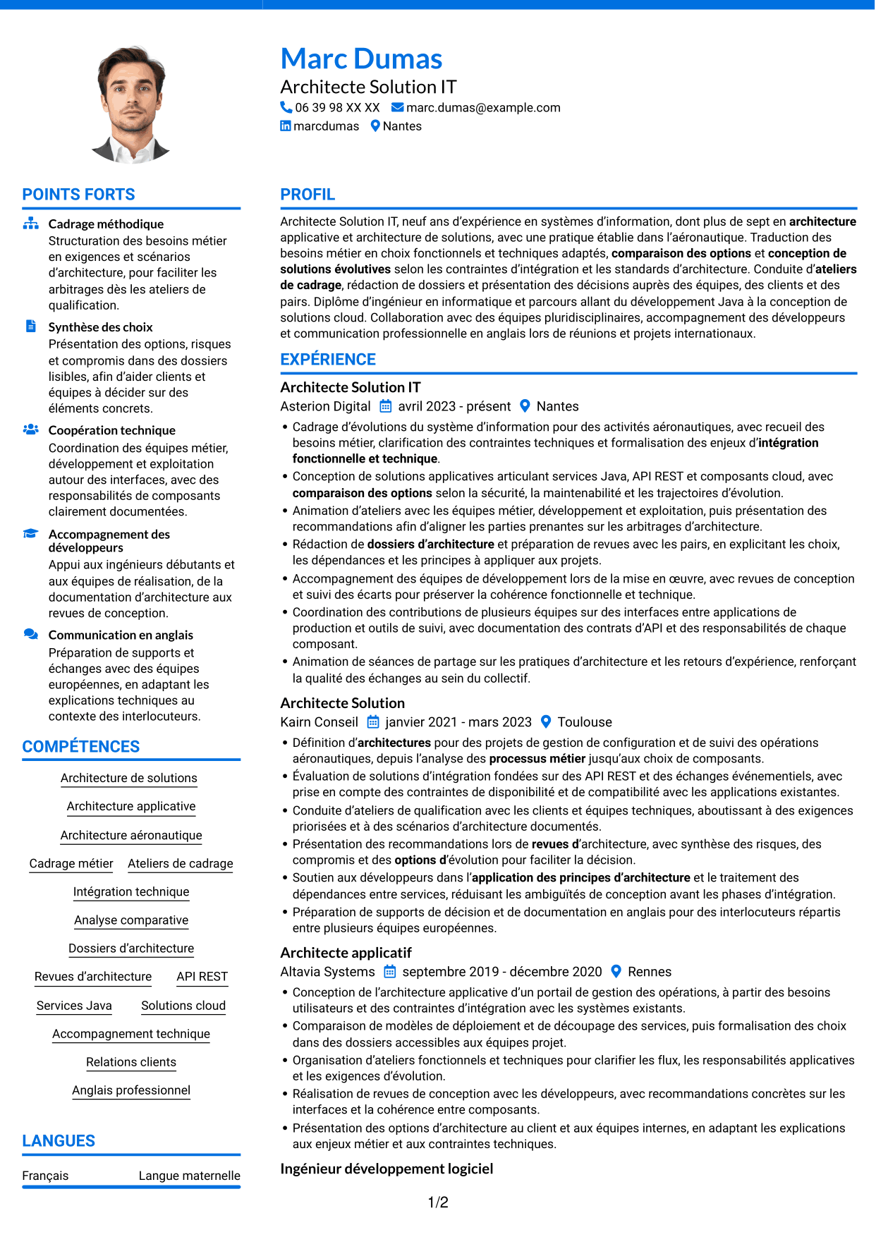 CV Audacieux (format à deux colonnes avec accents colorés et photo) : Architecte Solution IT - Aéronautique, page 1
