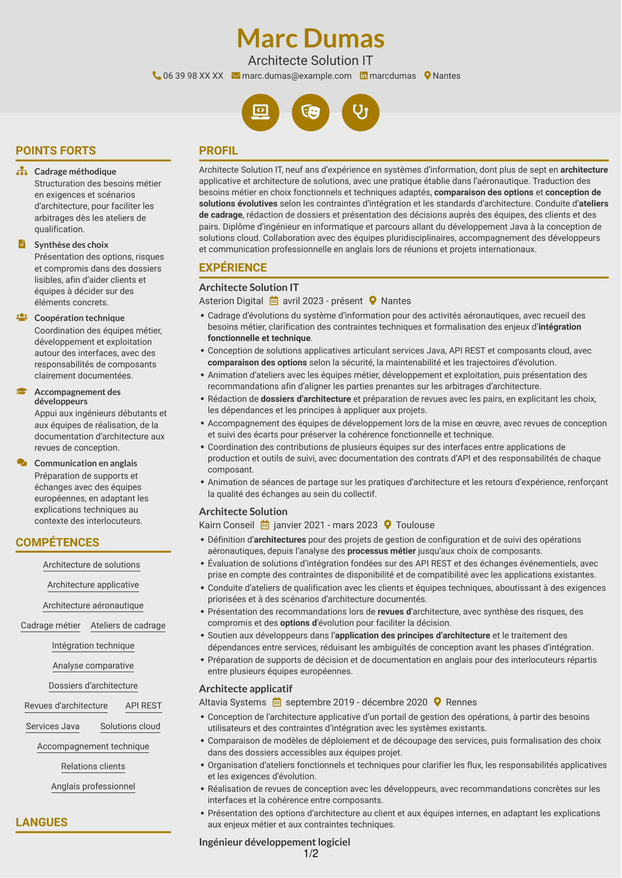 CV Dynamique (format à deux colonnes avec icônes) : Architecte Solution IT - Aéronautique, page 1