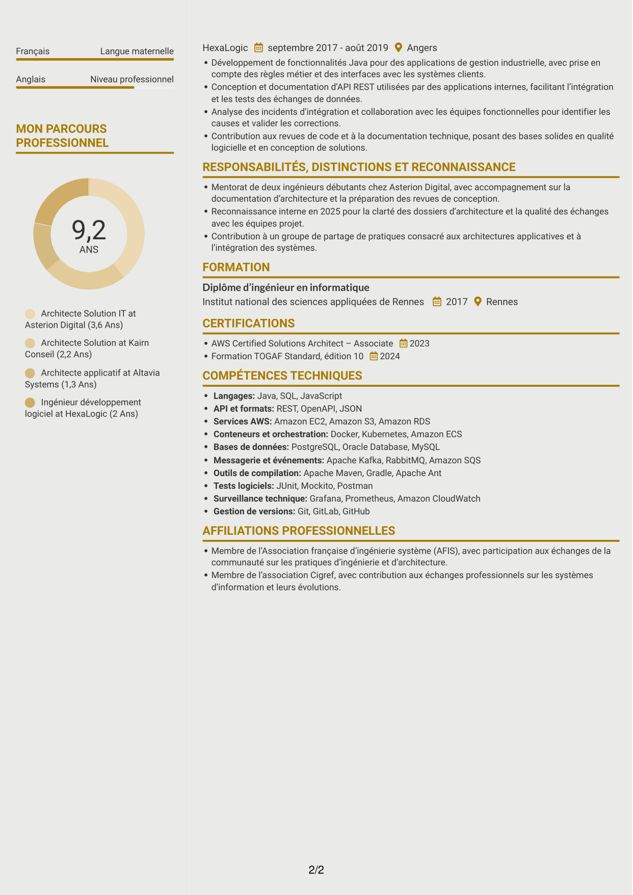 CV Dynamique (format à deux colonnes avec icônes) : Architecte Solution IT - Aéronautique, page 2