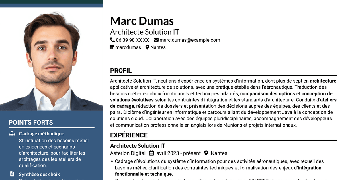 7 modèles de CV pour Architecte Solution IT - Aéronautique, avec exemples