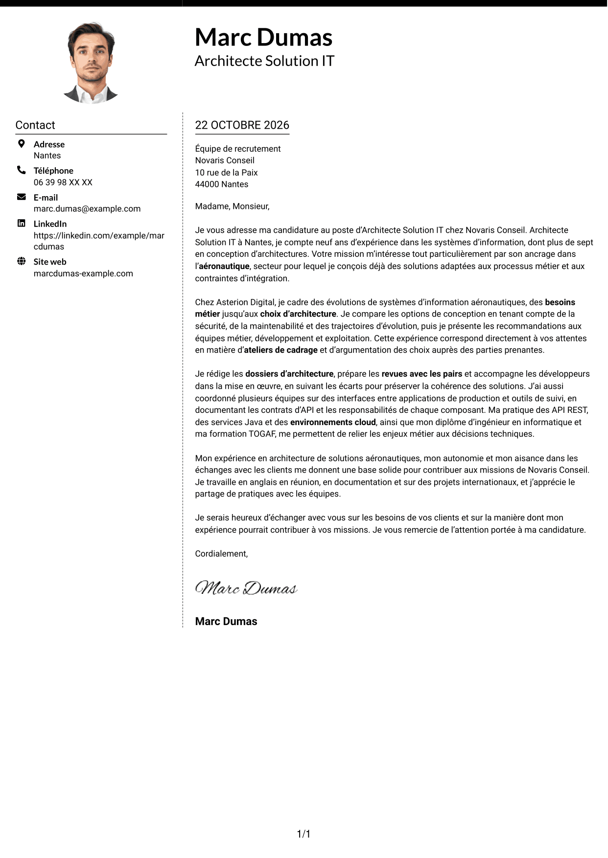 Lettre de motivation Moderne (format à deux colonnes avec photo à gauche et séparateur) : Architecte Solution IT - Aéronautique, page 1