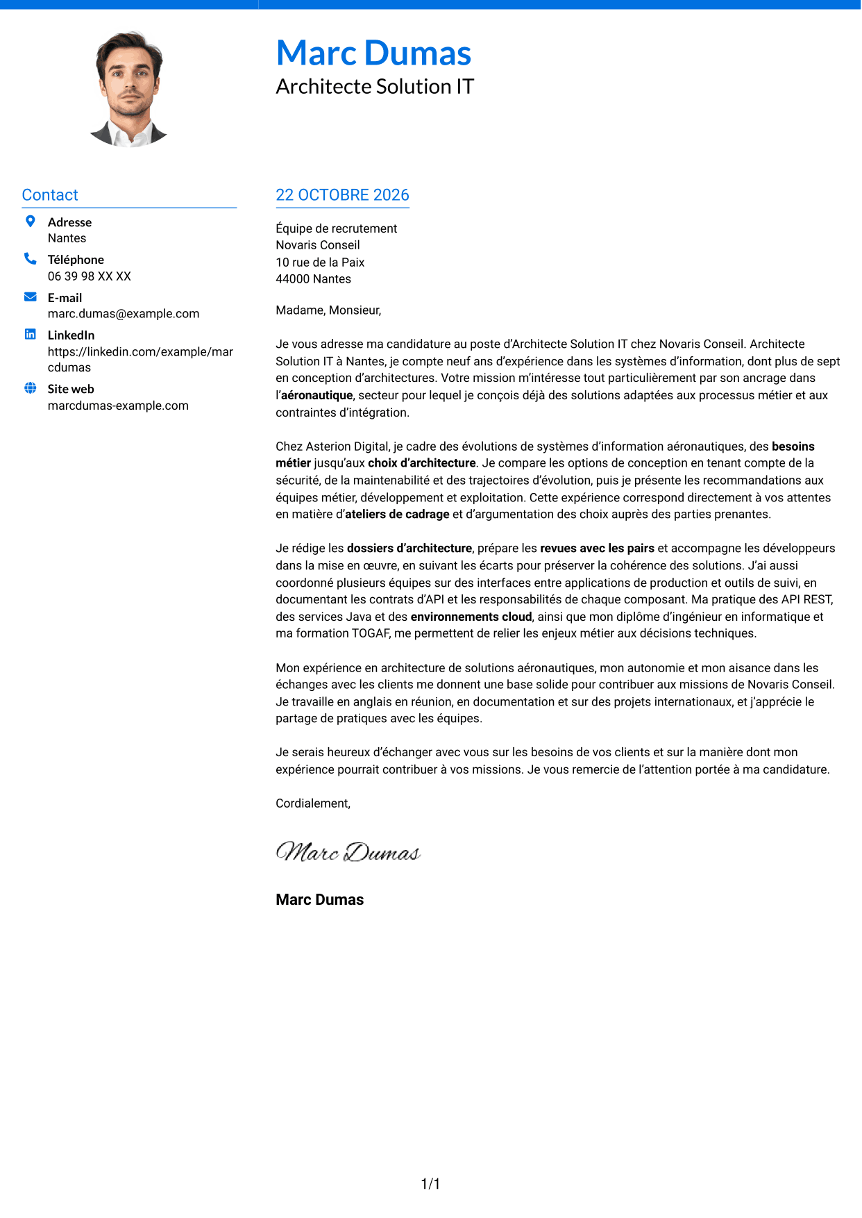 Lettre de motivation Audacieux (format à deux colonnes avec accents colorés et photo) : Architecte Solution IT - Aéronautique, page 1