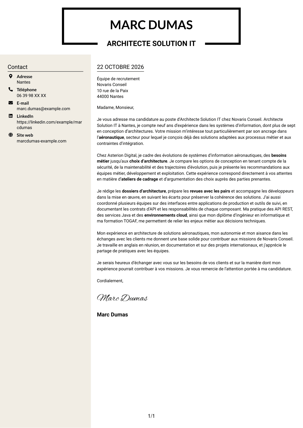Lettre de motivation Fonceur (format à deux colonnes avec en-tête centré sans photo) : Architecte Solution IT - Aéronautique, page 1