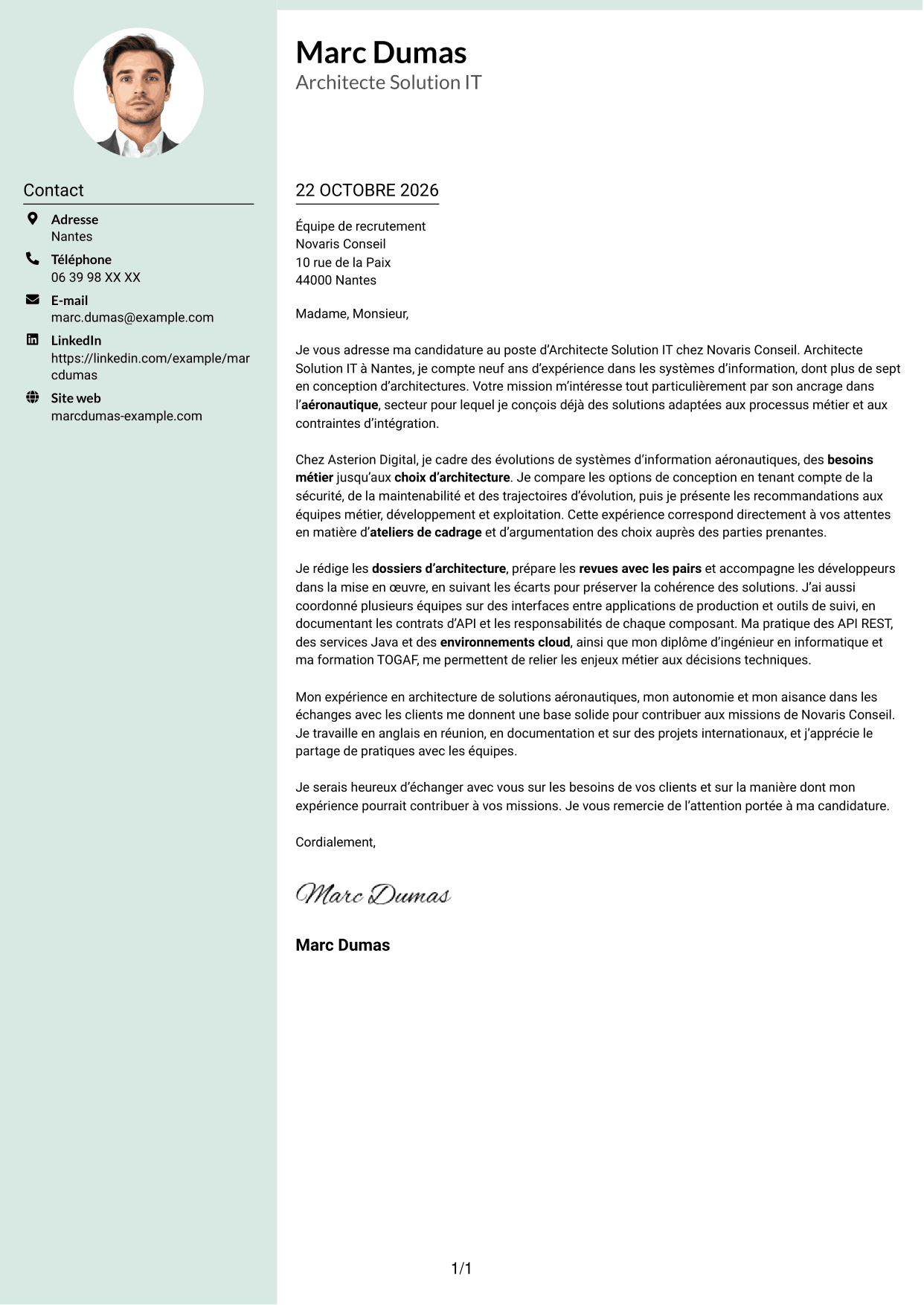 Lettre de motivation Cadre (format à colonne latérale douce avec photo arrondie) : Architecte Solution IT - Aéronautique, page 1