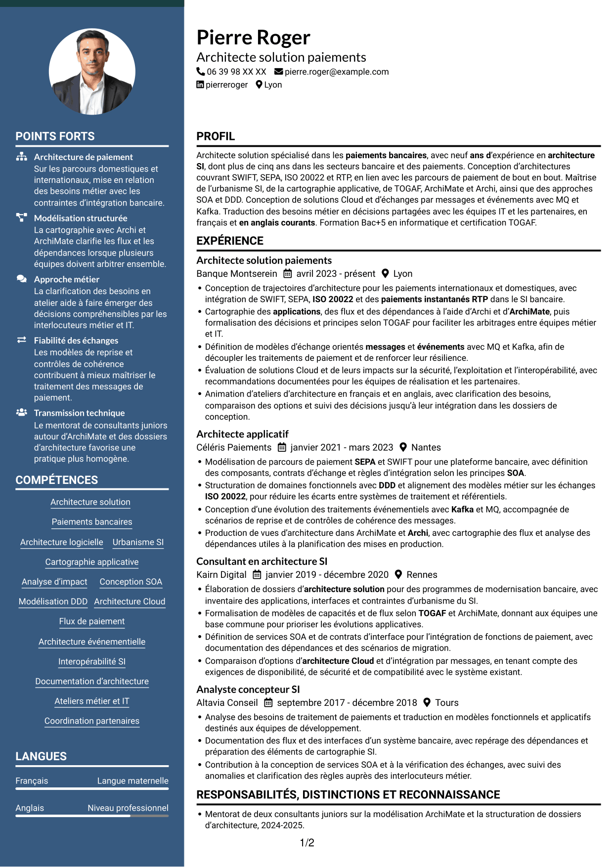 CV Élégant (format à colonne latérale colorée avec photo) : Architecte solution - Paiements SWIFT, page 1