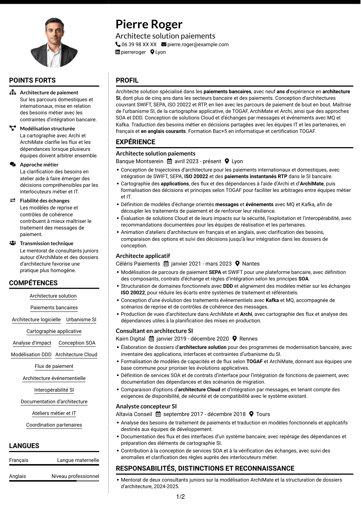 CV Moderne (format à deux colonnes avec photo à gauche et séparateur) : Architecte solution - Paiements SWIFT, page 1